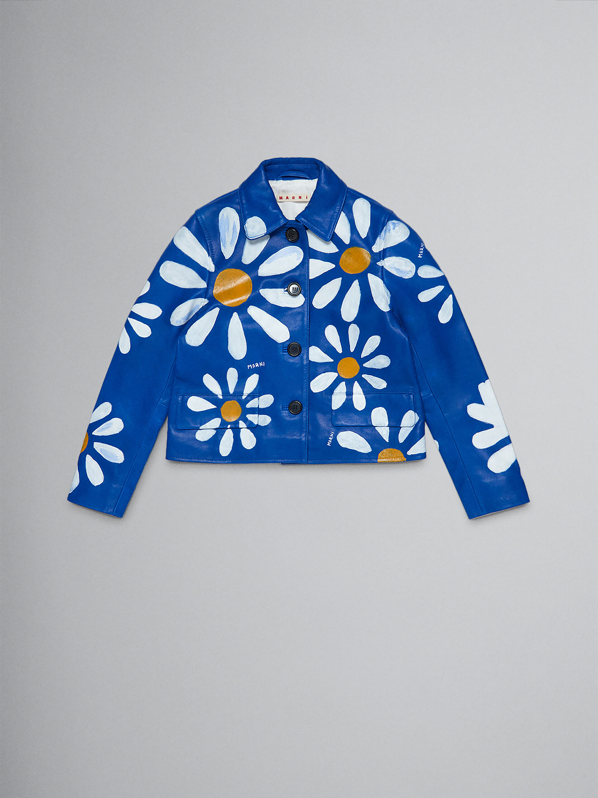 Blue genuine leather jacket with hand-painted Daisy pattern - Jackets - Image 1
