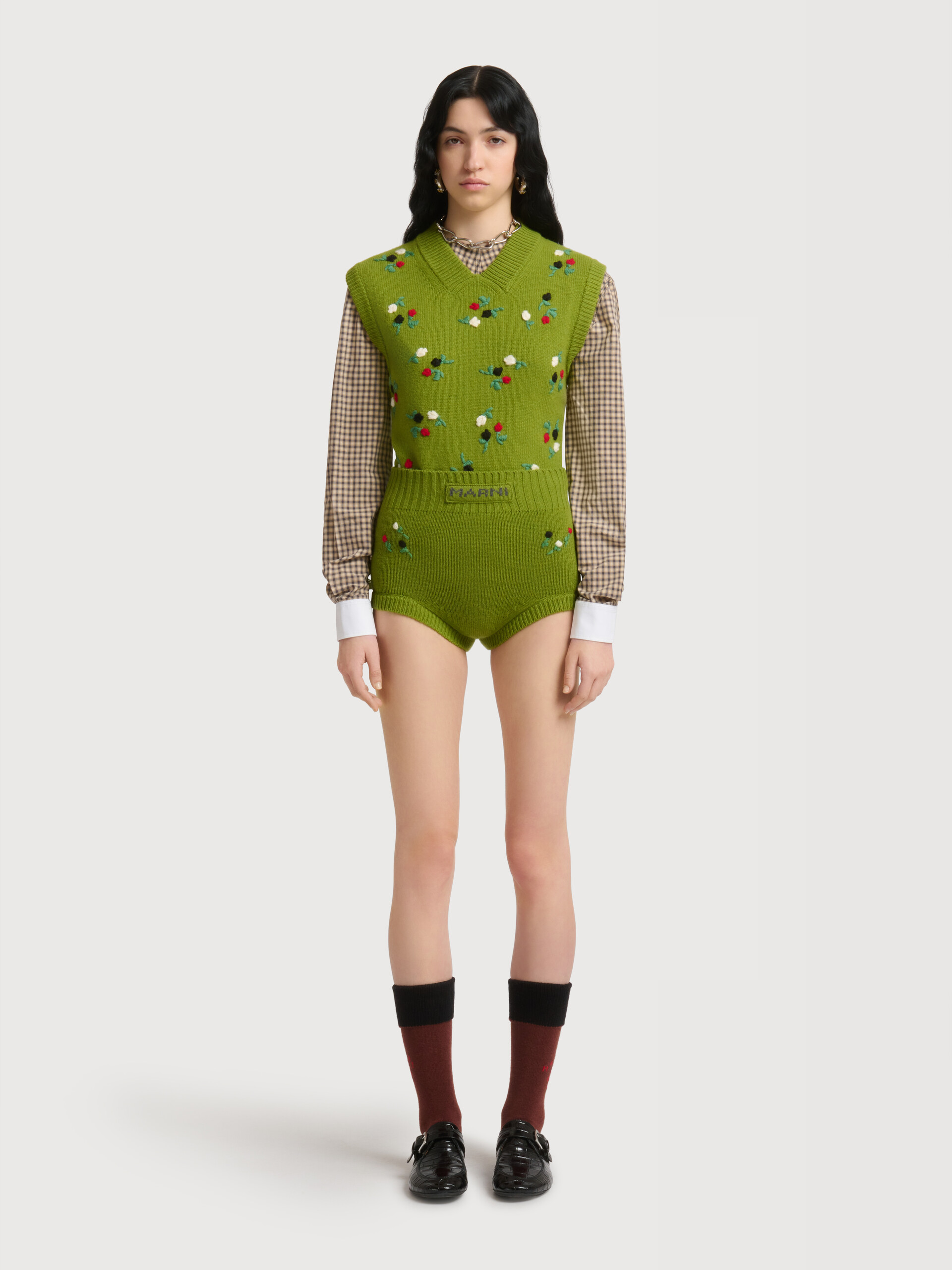 Green wool-cashmere briefs with flower embroidery - Pants - Image 2