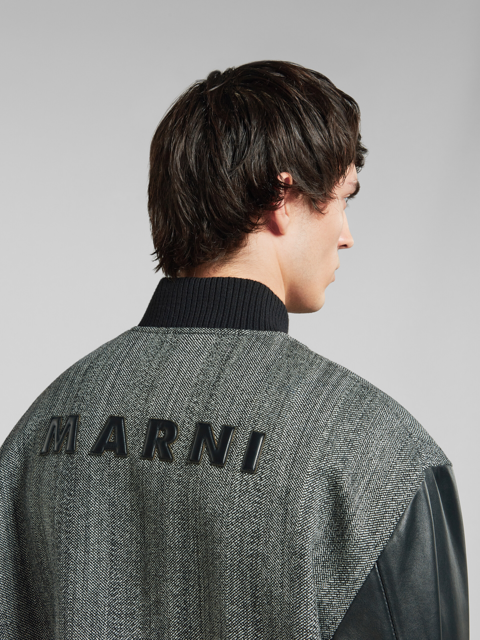 Black herringbone wool jacket with leather sleeves - Jackets - Image 5