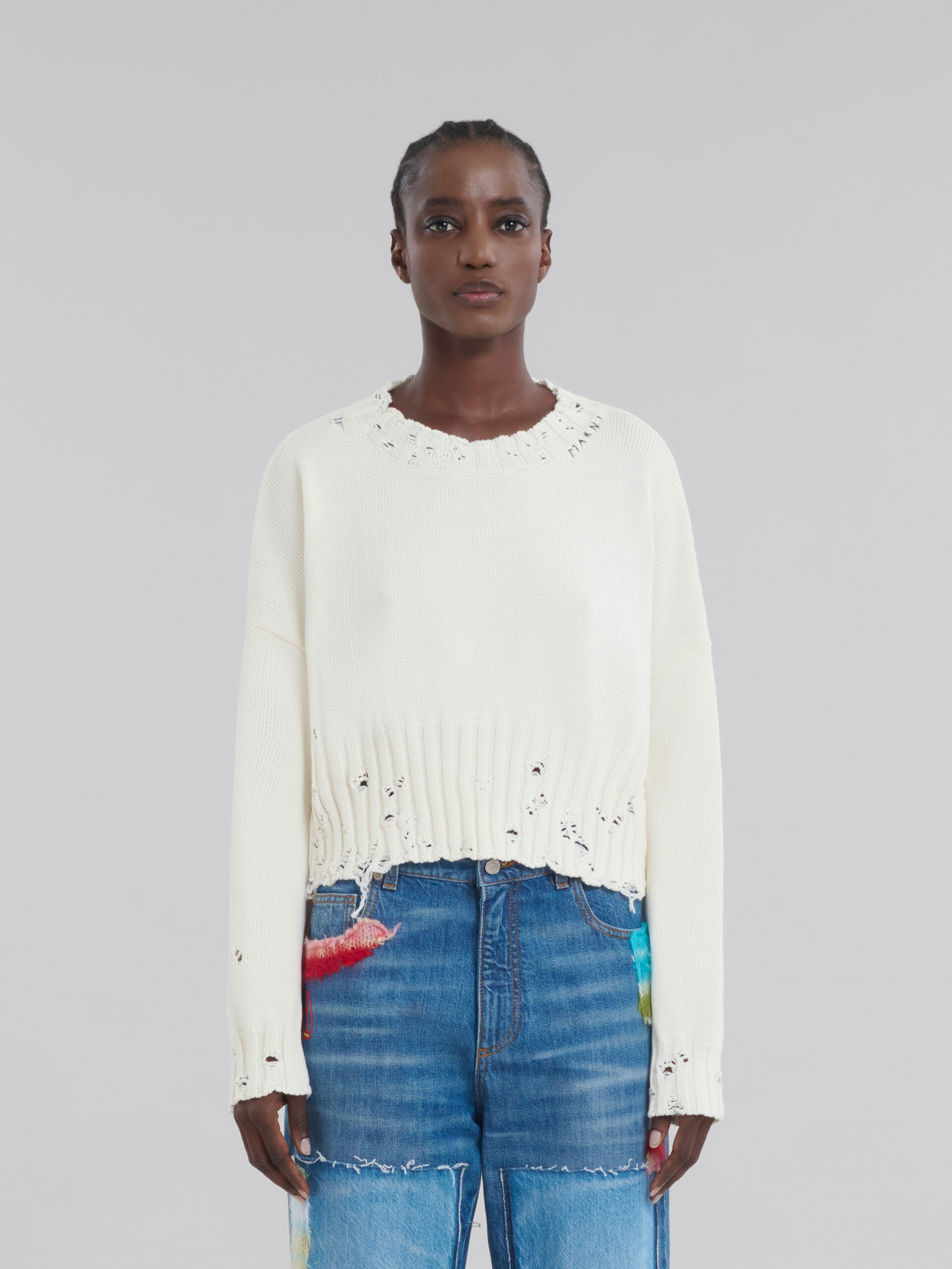 White cotton cropped sweater - Pullovers - Image 2