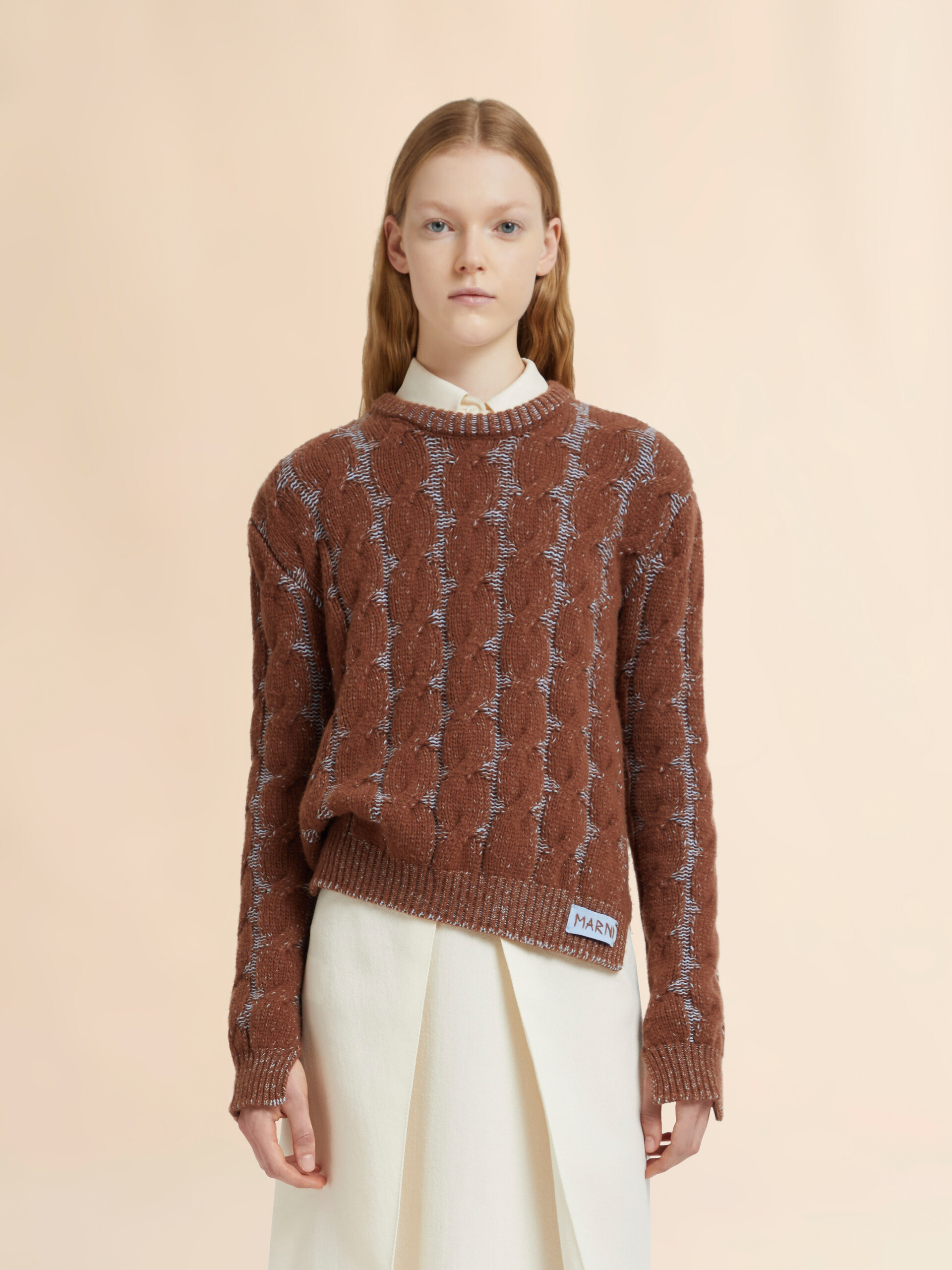 Brown mouliné wool-viscose sweater with cable pattern - Pullovers - Image 2