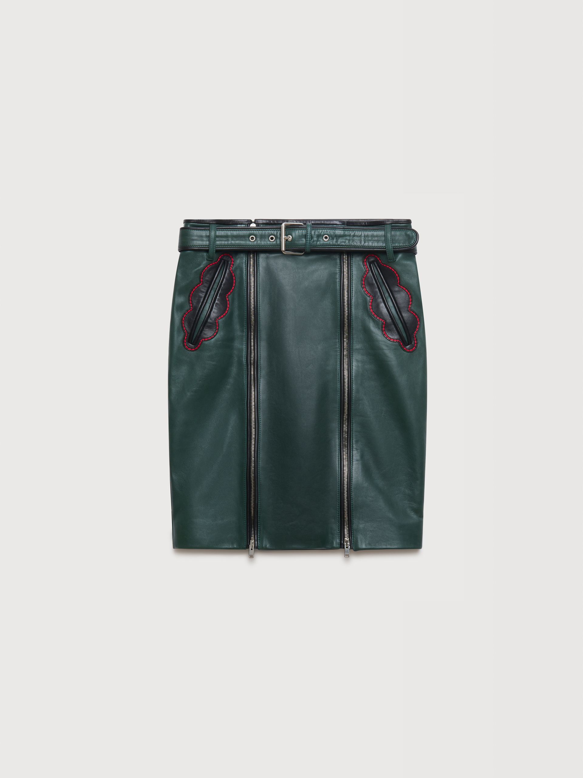 Deep green leather skirt with leaf pockets - Skirts - Image 1