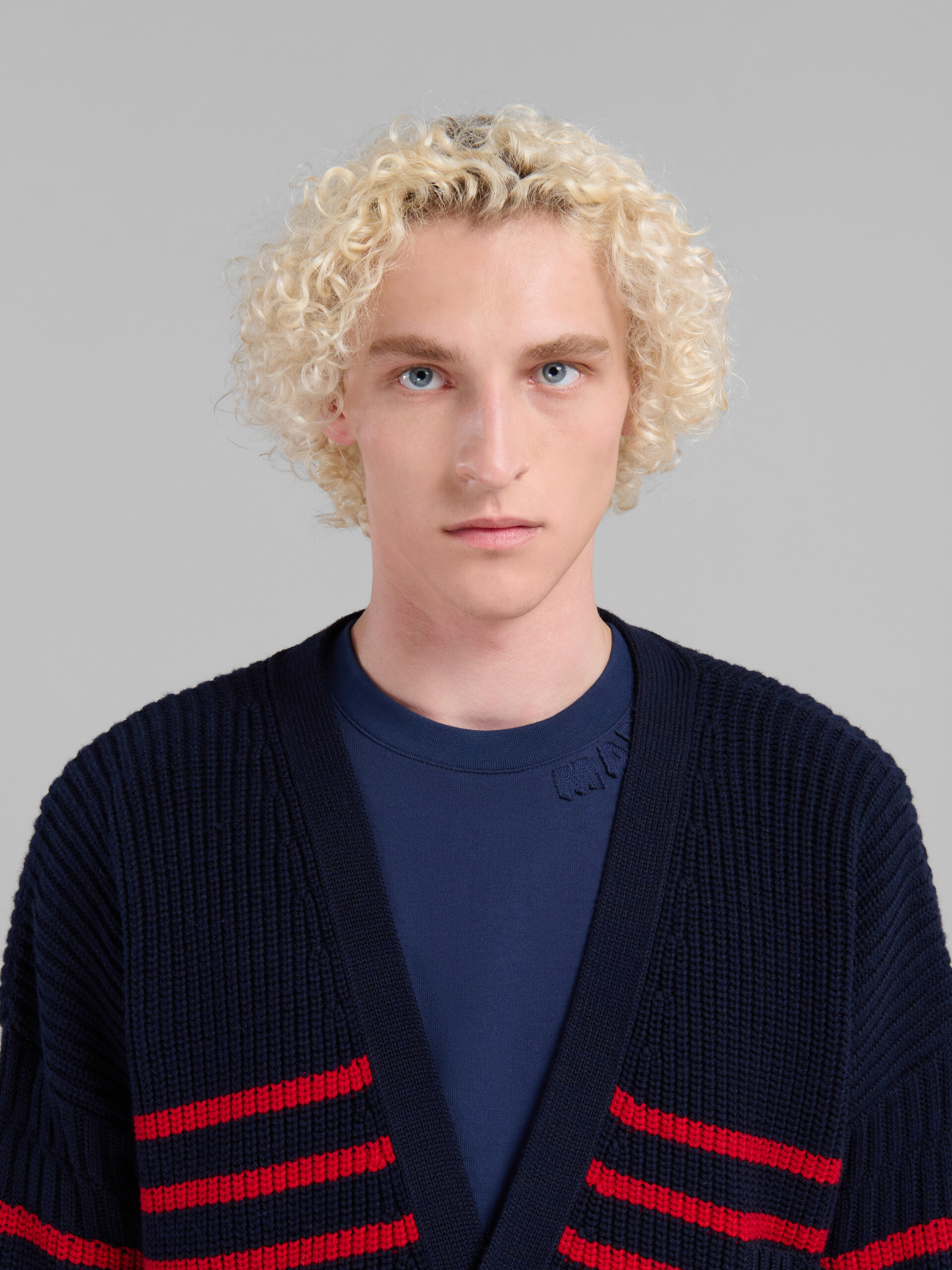 Blue wool and cotton striped fisherman cardigan - Pullovers - Image 4