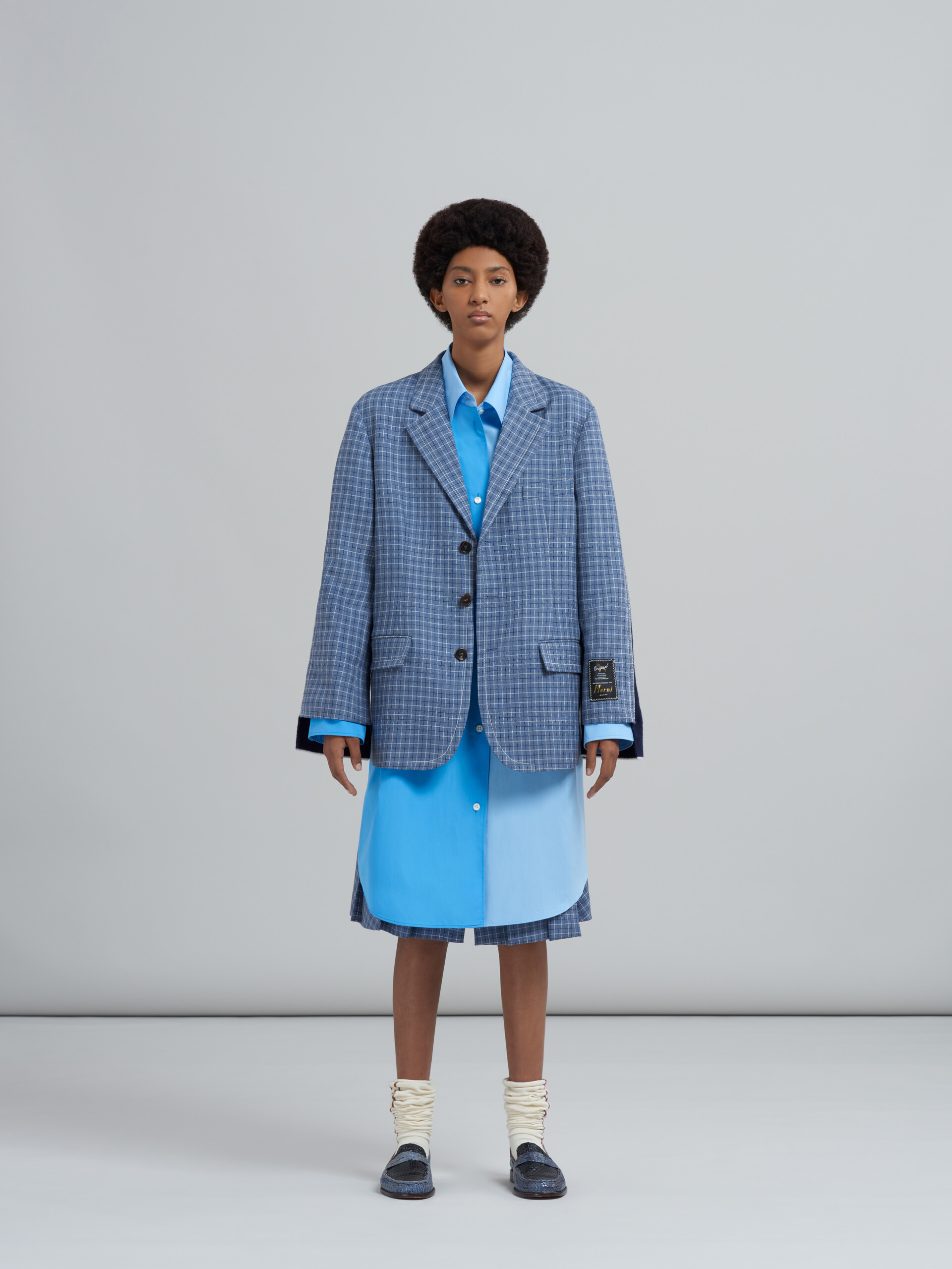 Veste blazer en sergé de laine à carreaux avec inserts en tricot - Manteaux - Image 2