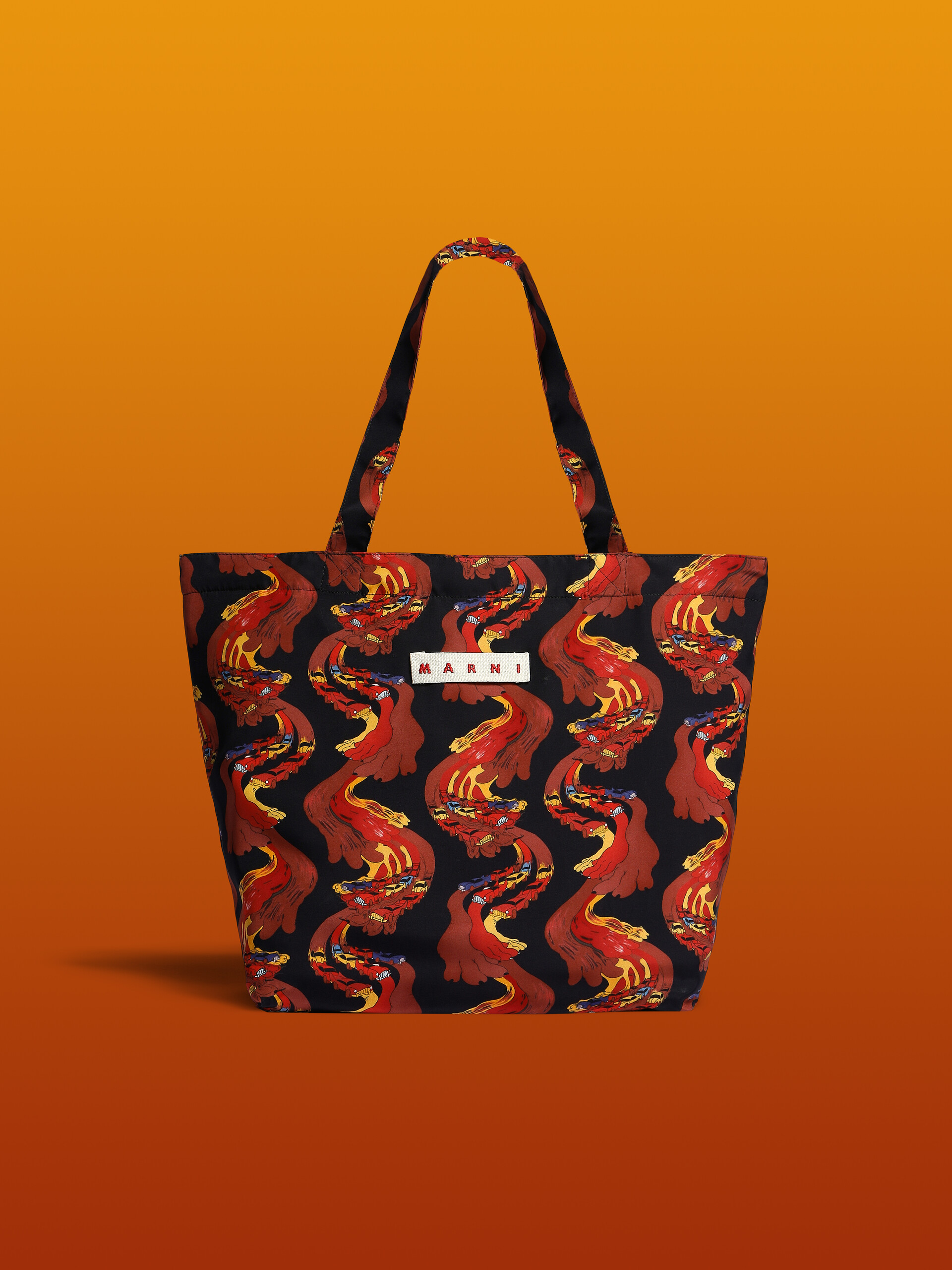 Black viscose tote bag with archival multicoloured print - Shopping Bags - Image 1