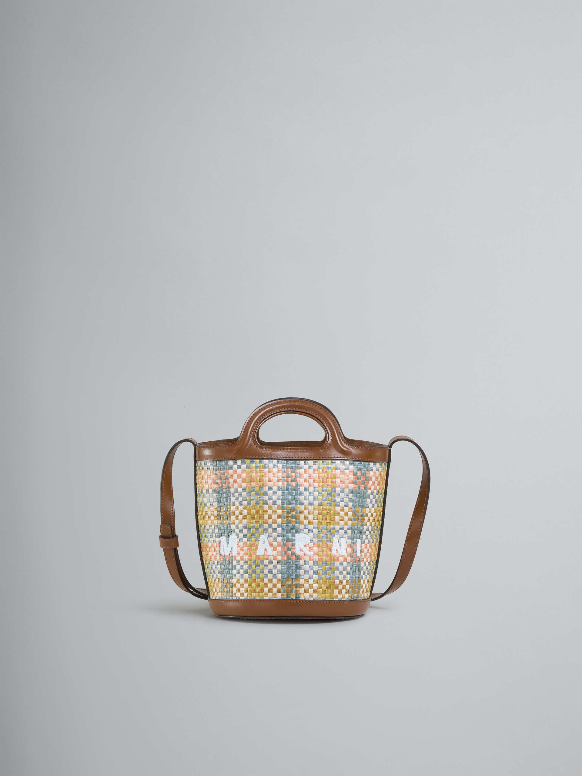 Tropicalia small bucket bag in brown leather and checked raffia-effect fabric - Shoulder Bags - Image 1