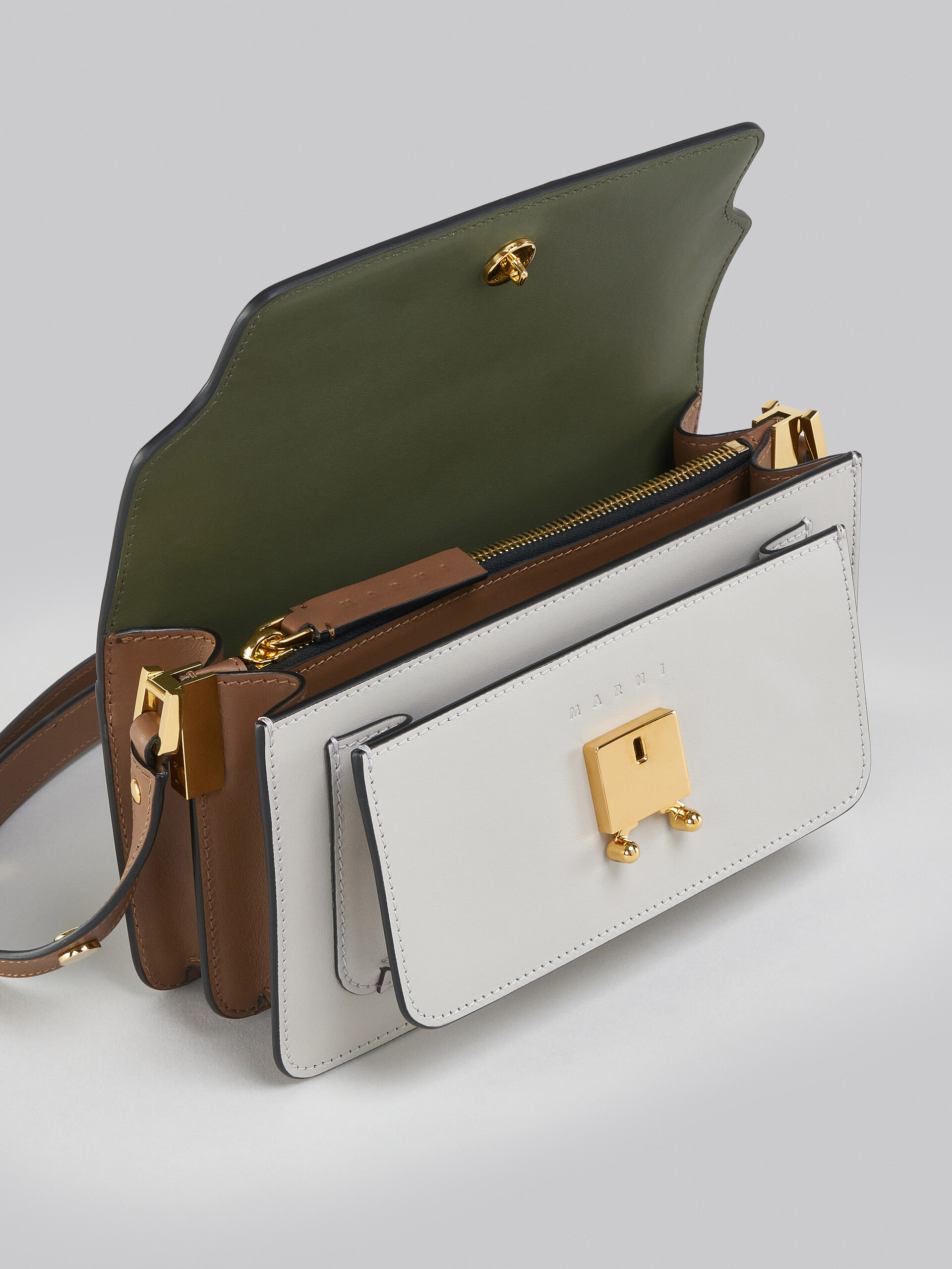 Trunk Bag E/W in green grey and brown leather - Shoulder Bags - Image 3