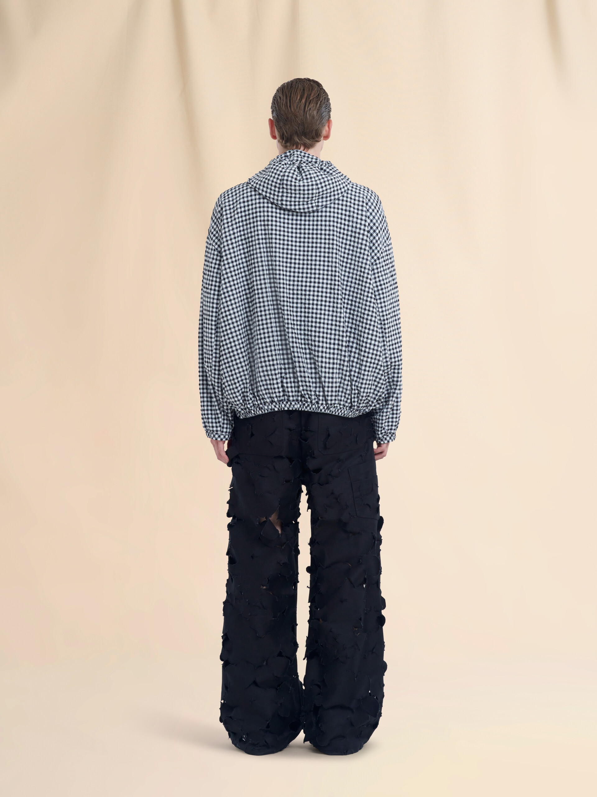ブラック ホワイト チェック柄シアサッカーフード付きジャケット - ジャケット - Image 3