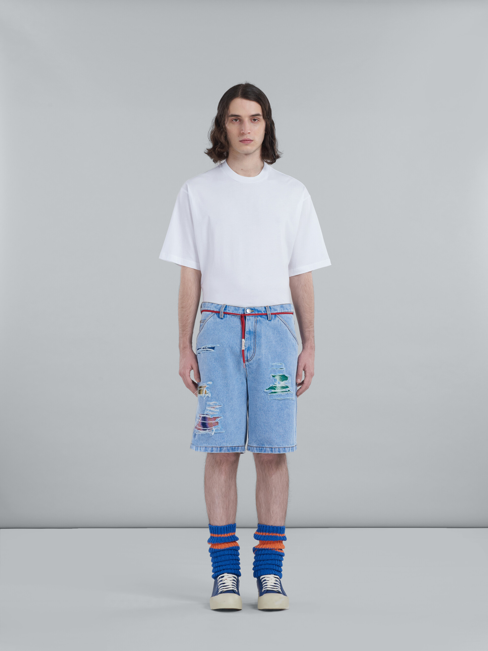 Shorts in coated blue denim and mohair - Pants - Image 2