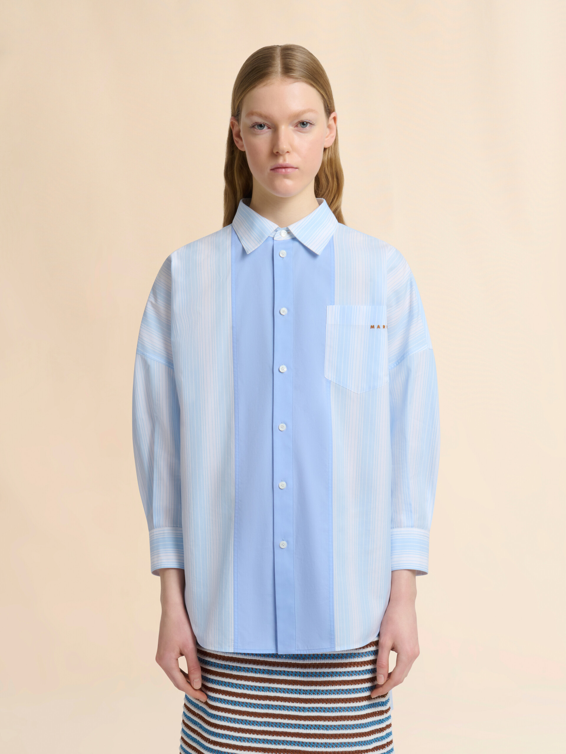 ブルー 無地パネル付きストライプポプリンシャツ - シャツ - Image 2