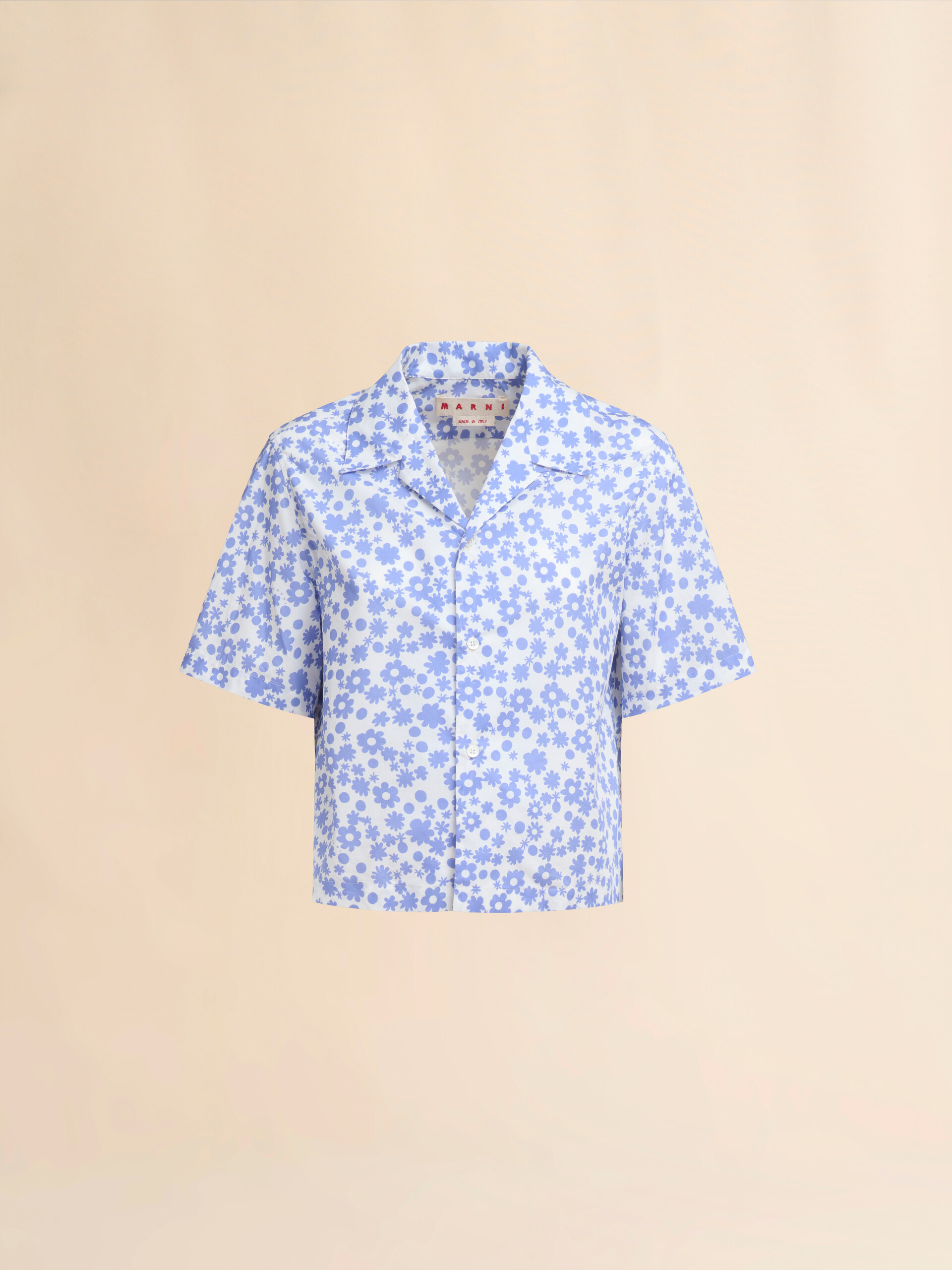 Poplin bowling shirt with blue and white Pop Fields motif - Shirts - Image 1