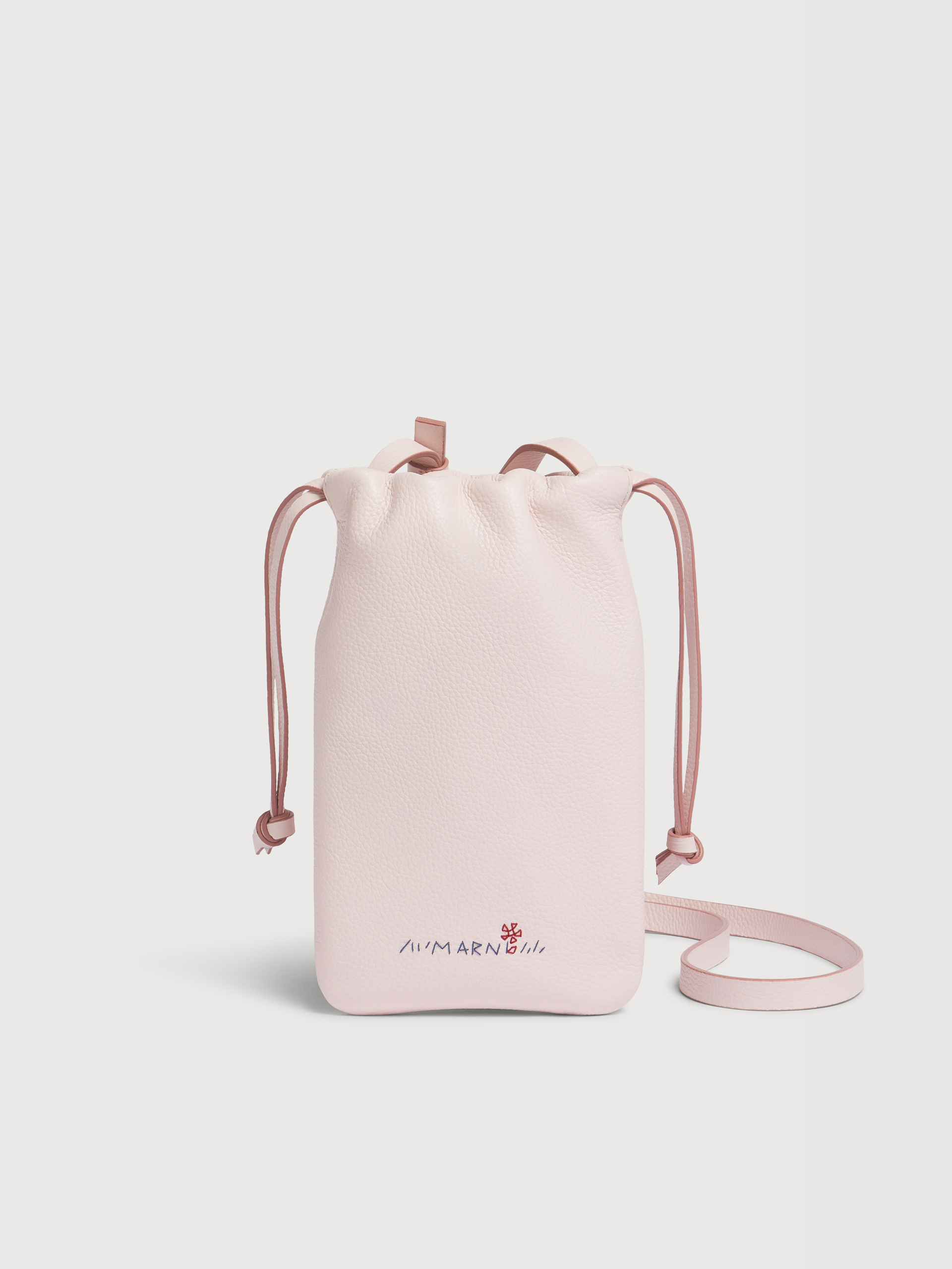 ピンク レザー製ドローストリング付きスマホホルダー、マルニメン