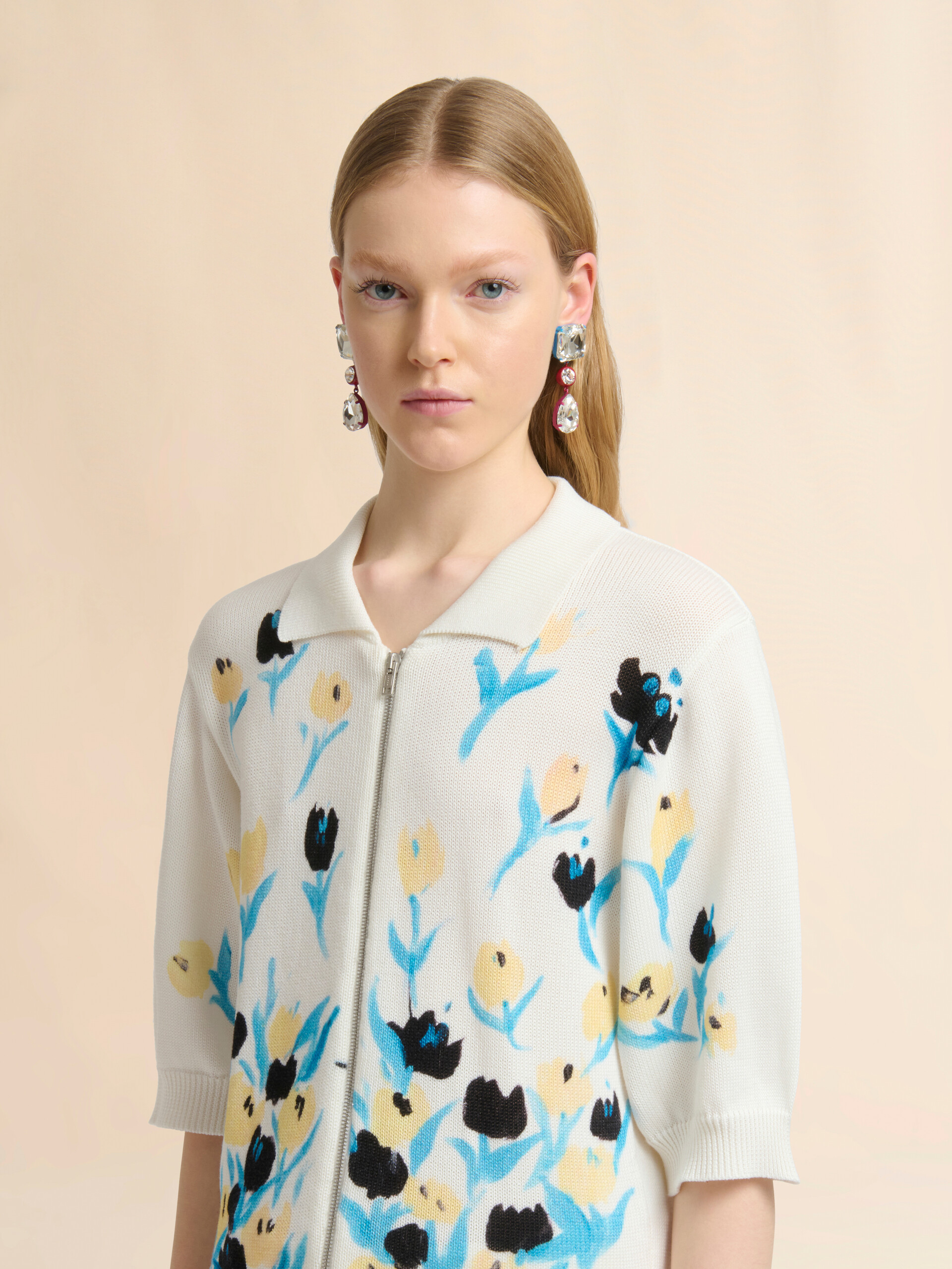 Cream cotton zip cardigan with floral print - Pullovers - Image 4