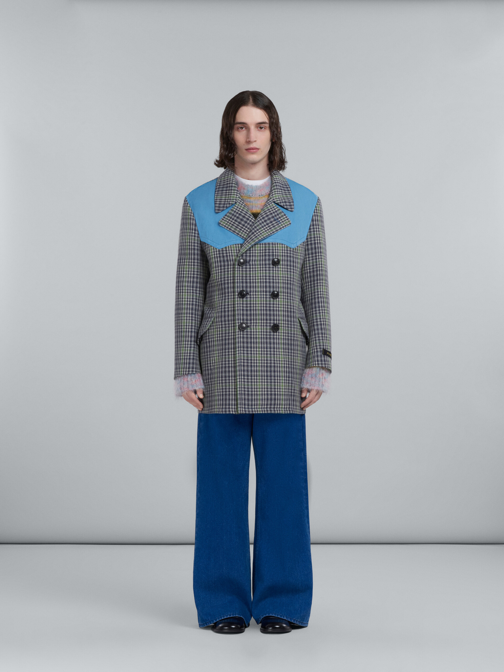 Double-breasted coat in grey chequered wool - Coats - Image 2