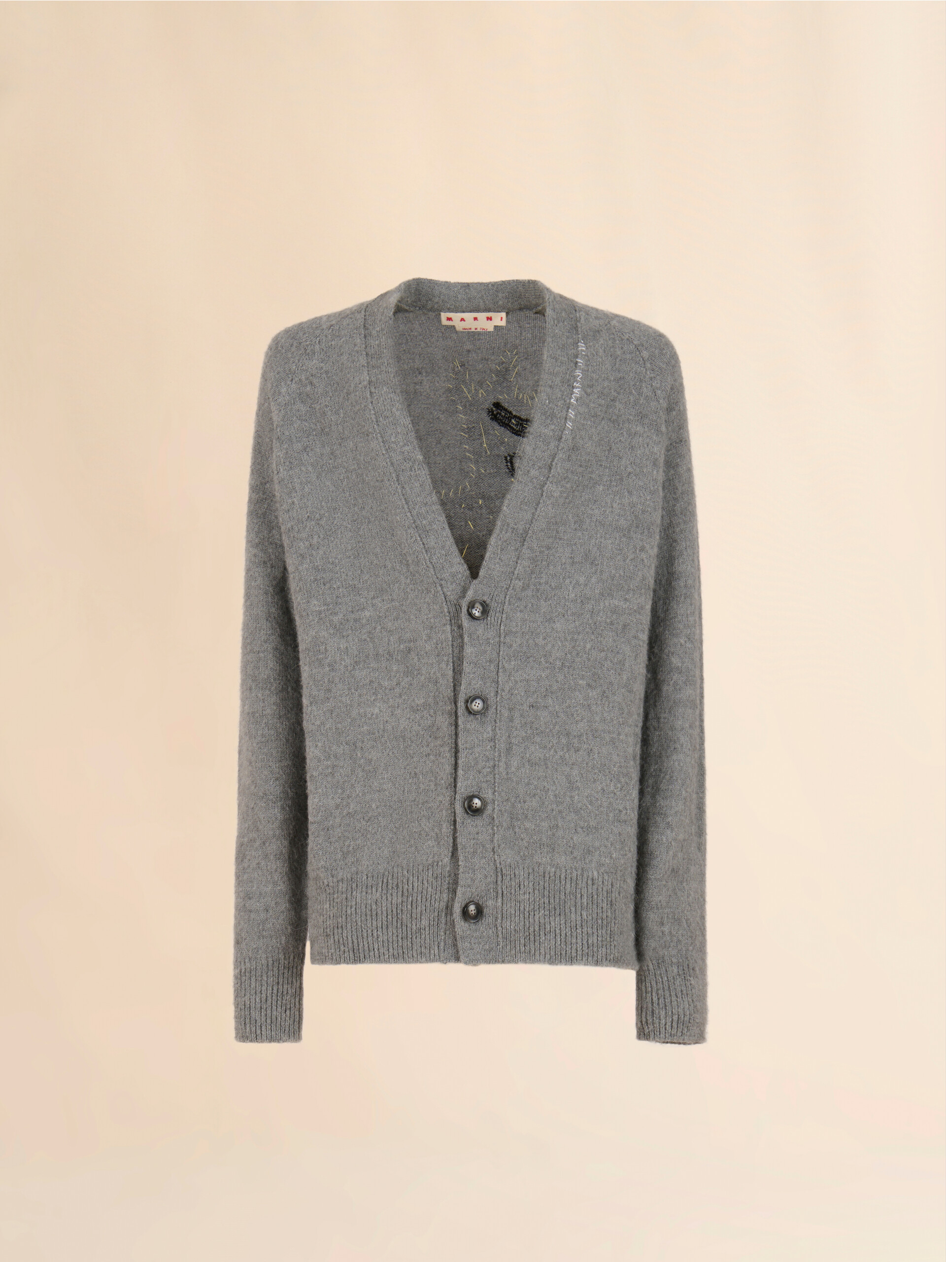 Grey wool alpaca cardigan with wolf patch - Pullovers - Image 1