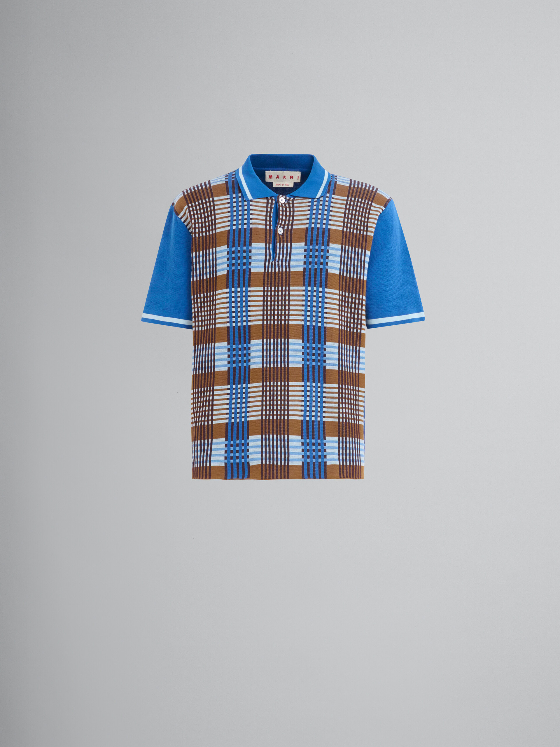 Blue and brown checked cotton polo shirt - Polos - Image 1