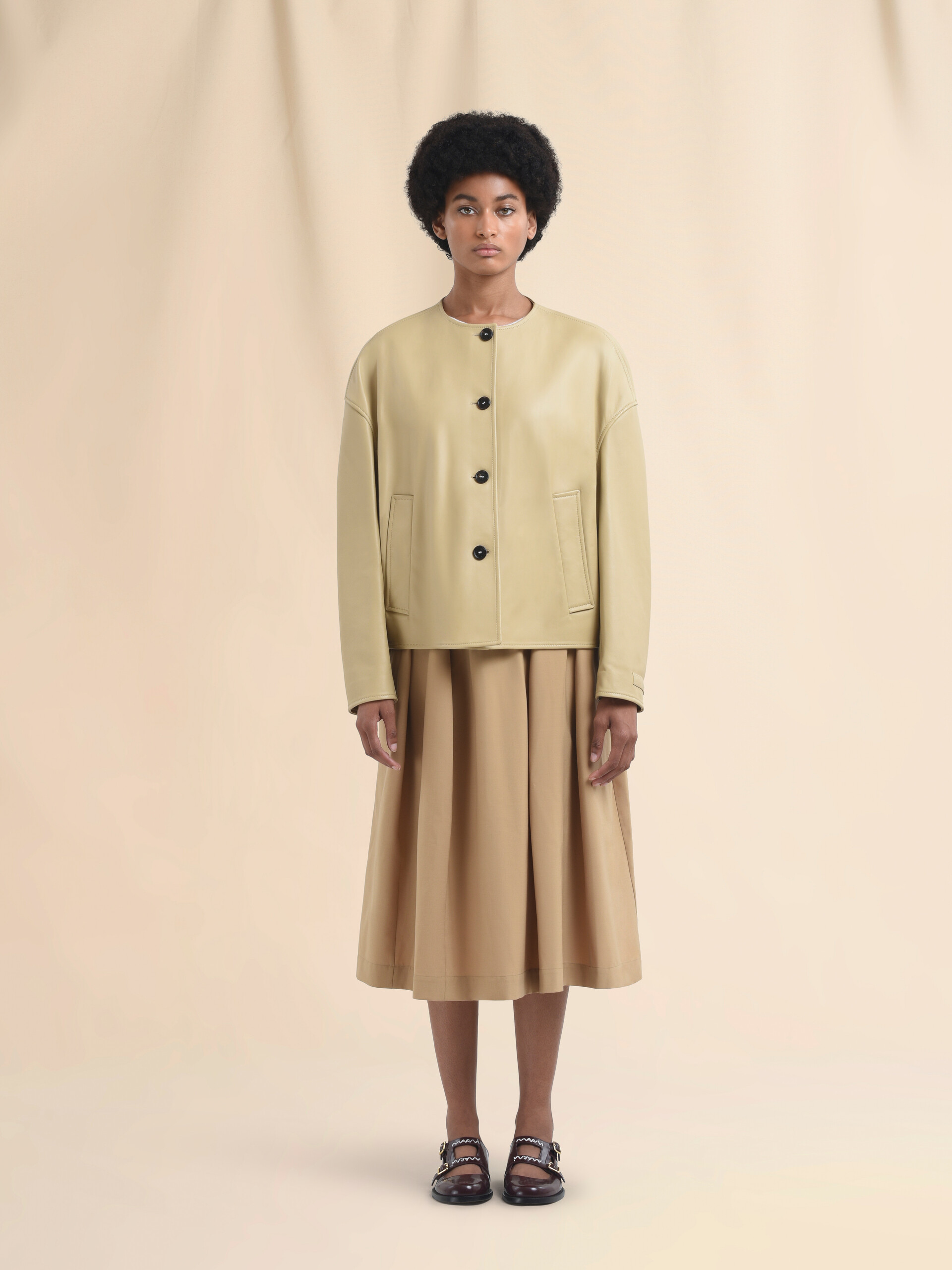 Beige nappa crew neck jacket - Jackets - Image 2