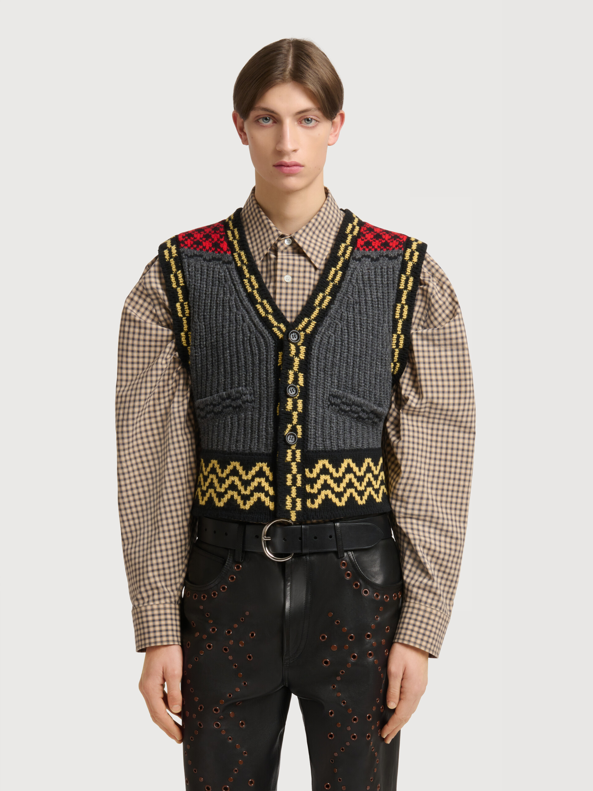 Grey wool button vest with geometric motif - Waistcoats - Image 2