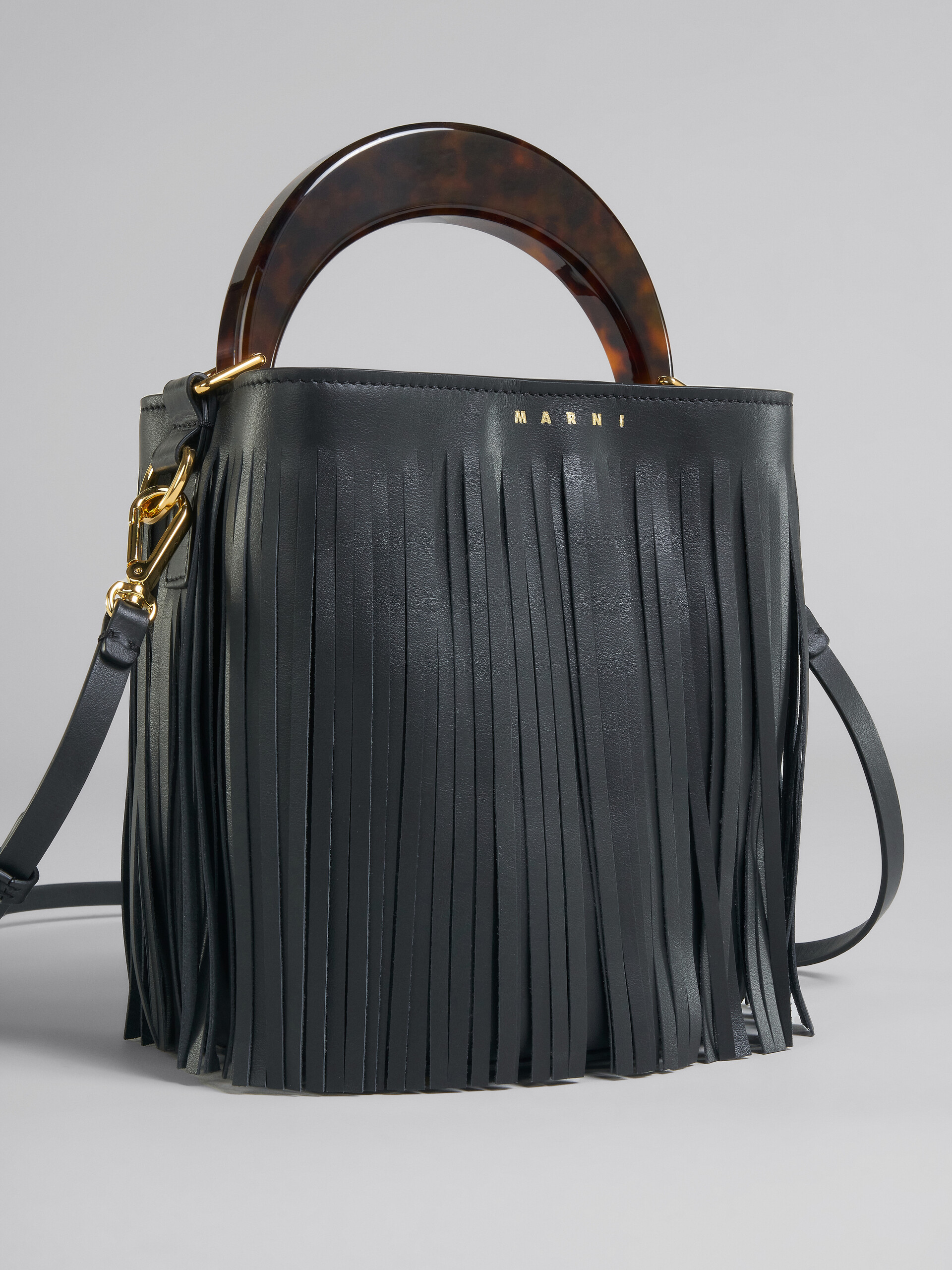 Venice Small Bucket in black leather with fringes - Shoulder Bag - Image 5
