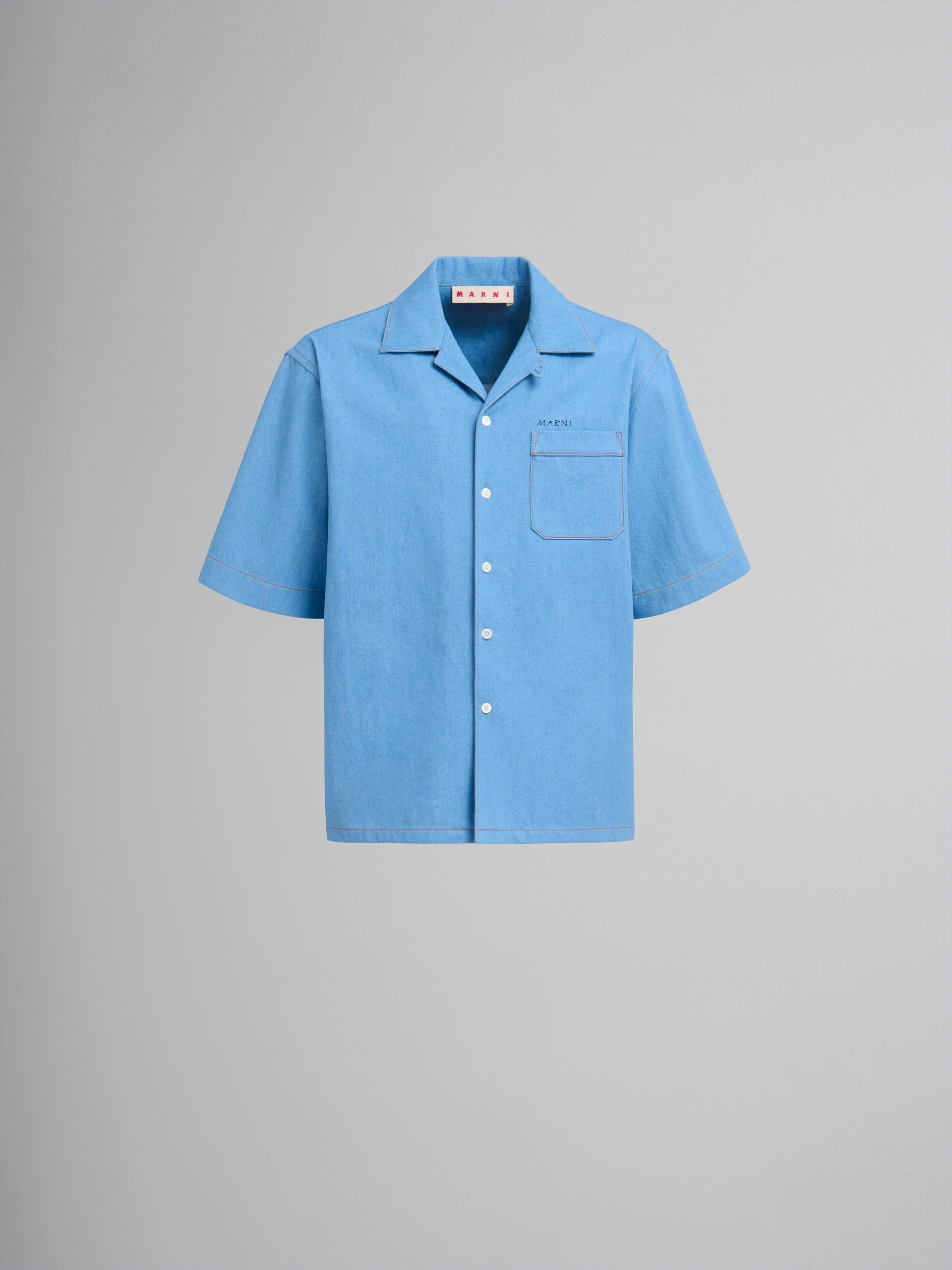 Camicia bowling in denim blu con logo Marni ricamato - Camicie - Image 1