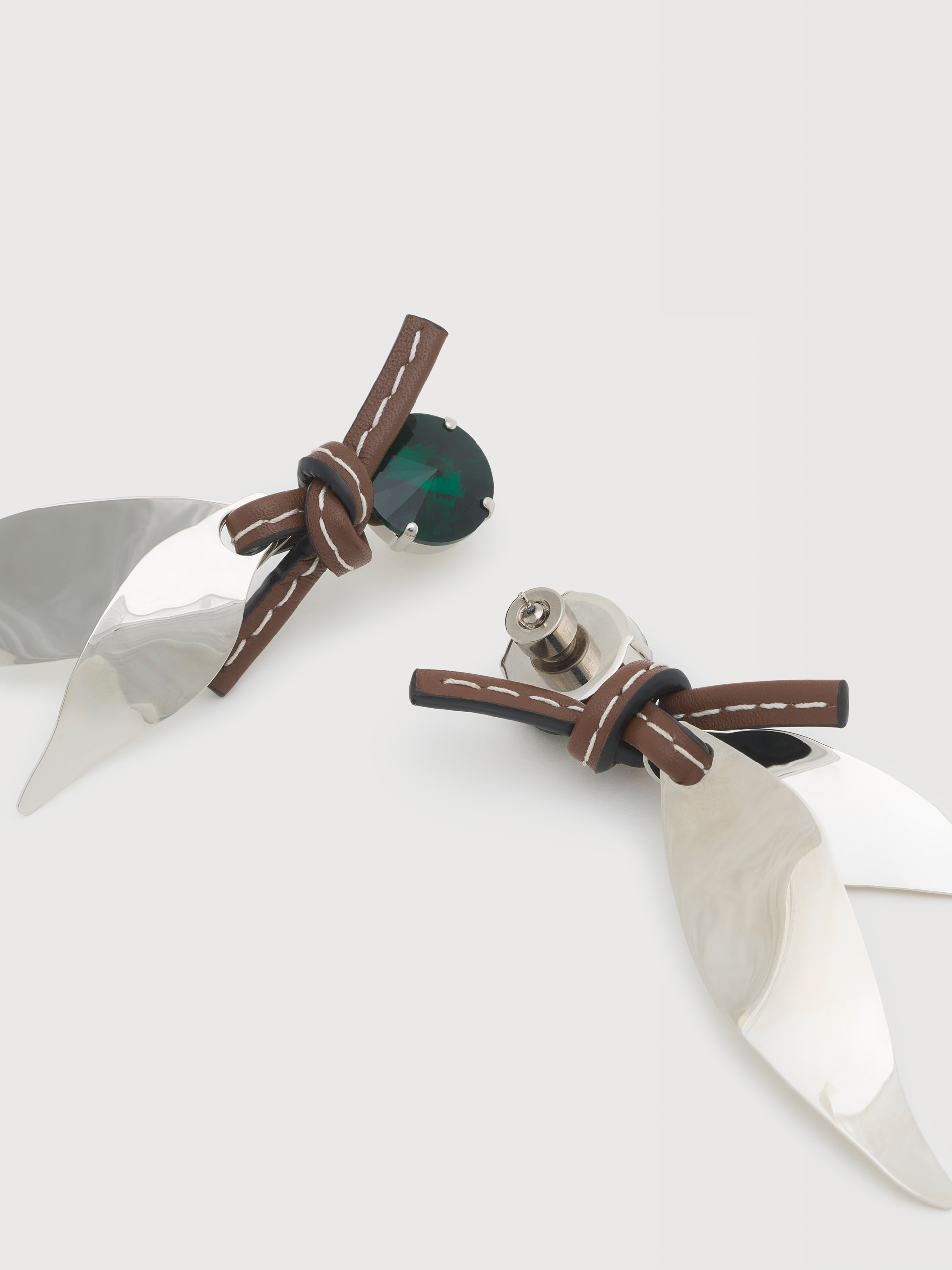 Silver leaf charm leather Archivio earrings - Earrings - Image 2