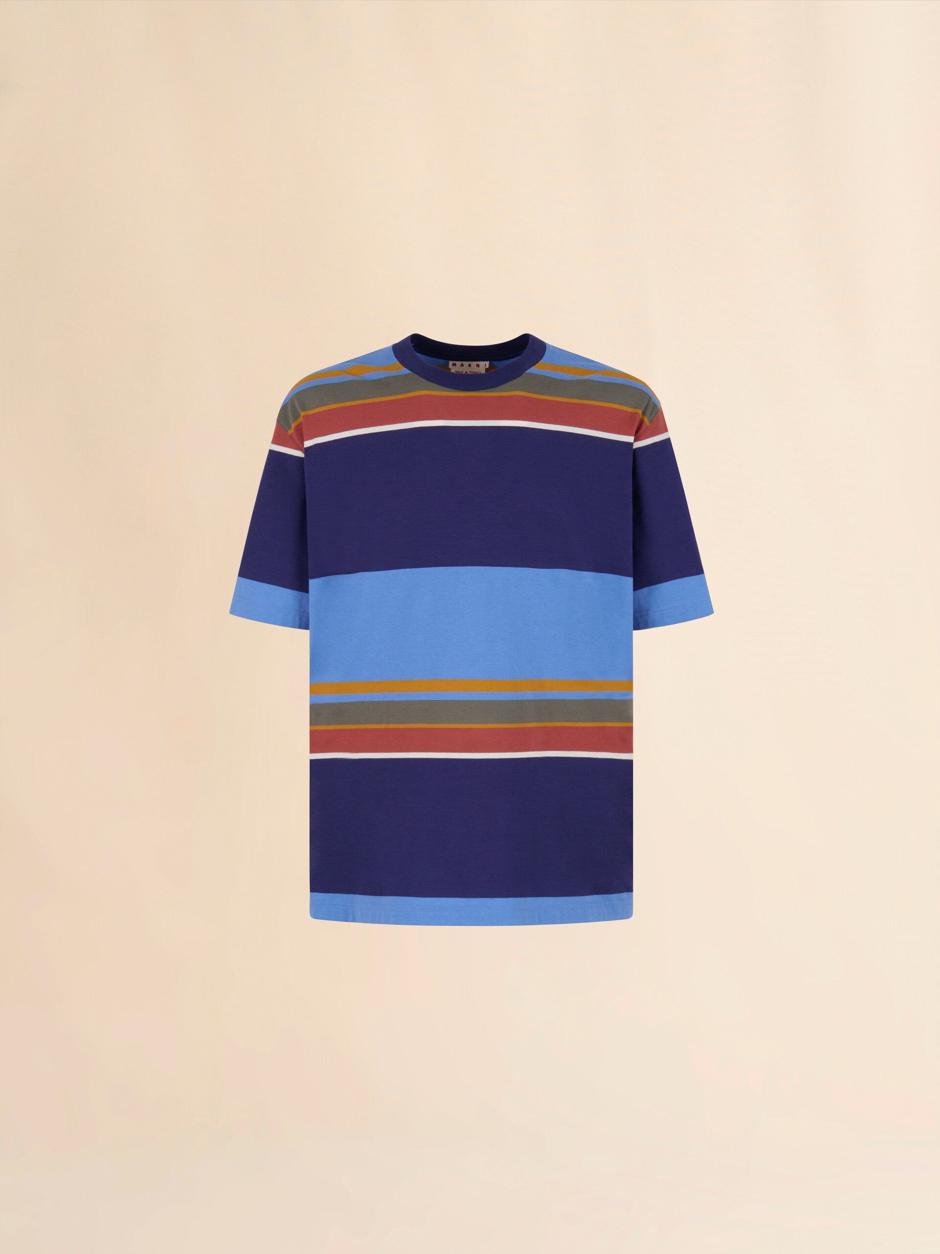 Blue organic cotton T-shirt with colour-block stripes - Shirts - Image 1