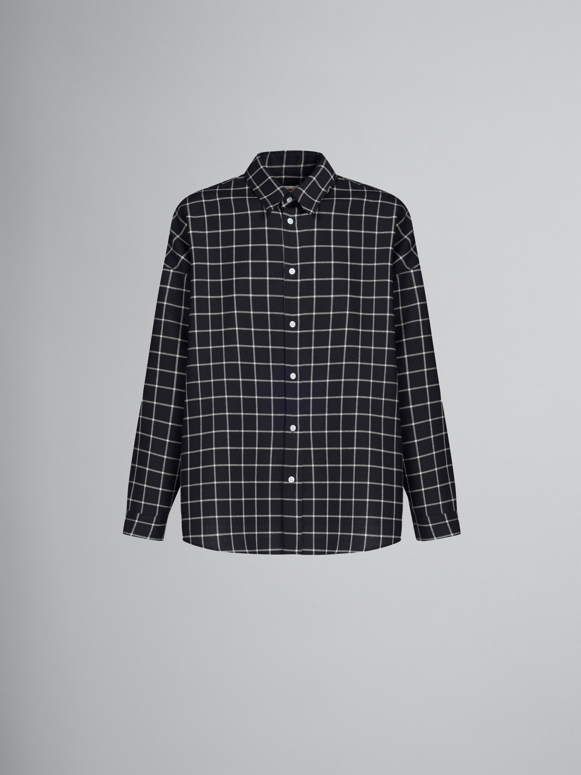 Black wool long-sleeved shirt with checked pattern - Shirts - Image 1