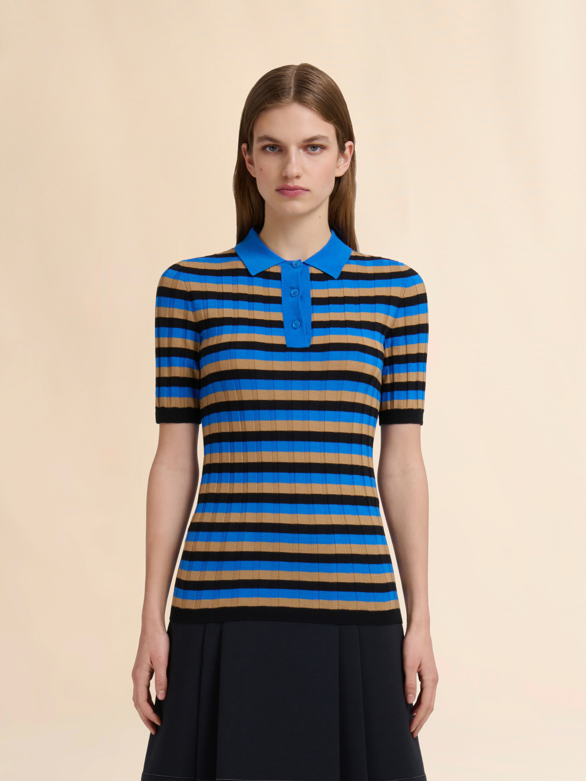 Brown and blue striped wool polo shirt - Shirts - Image 2