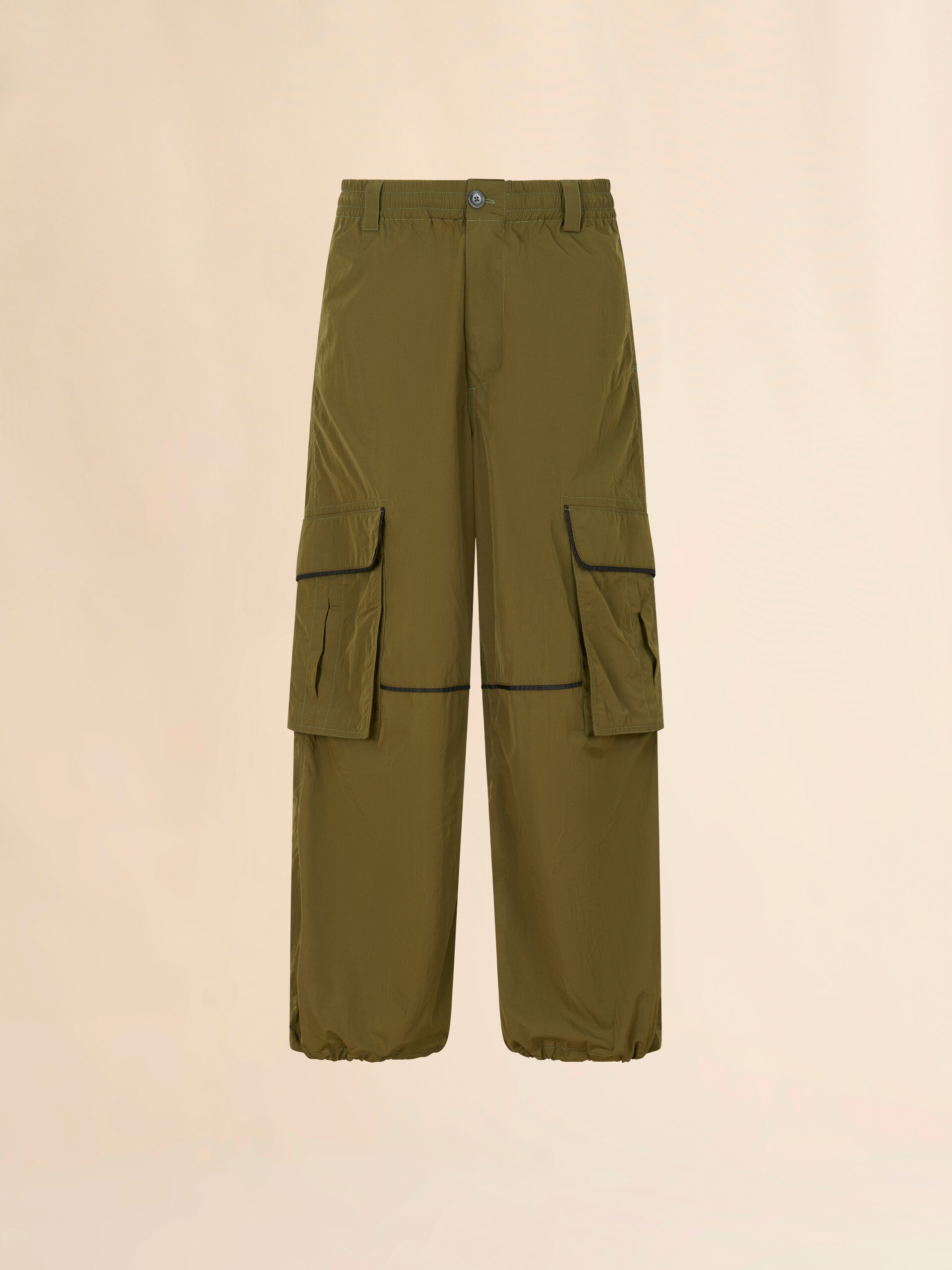 Green crinkled nylon cargo trousers with contrast piping - Pants - Image 1