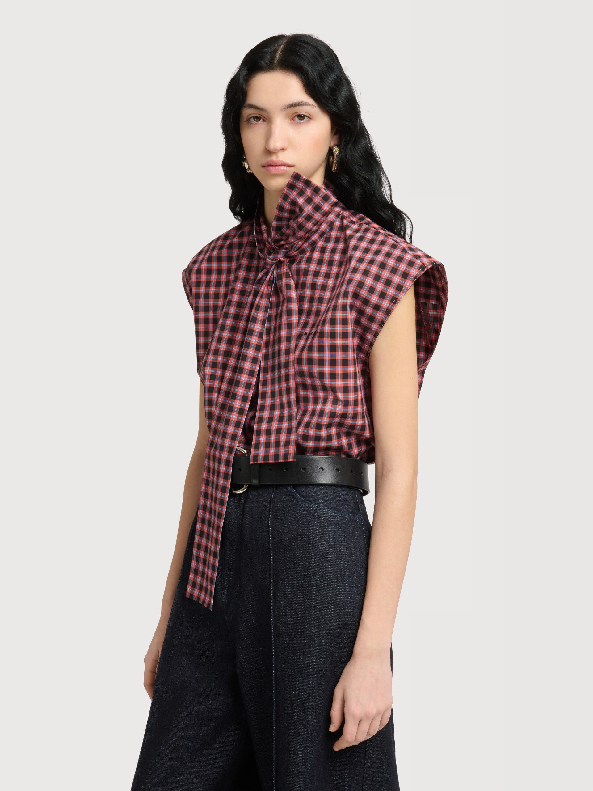 Red checked poplin sleeveless blouse with neck tie - Shirts - Image 2