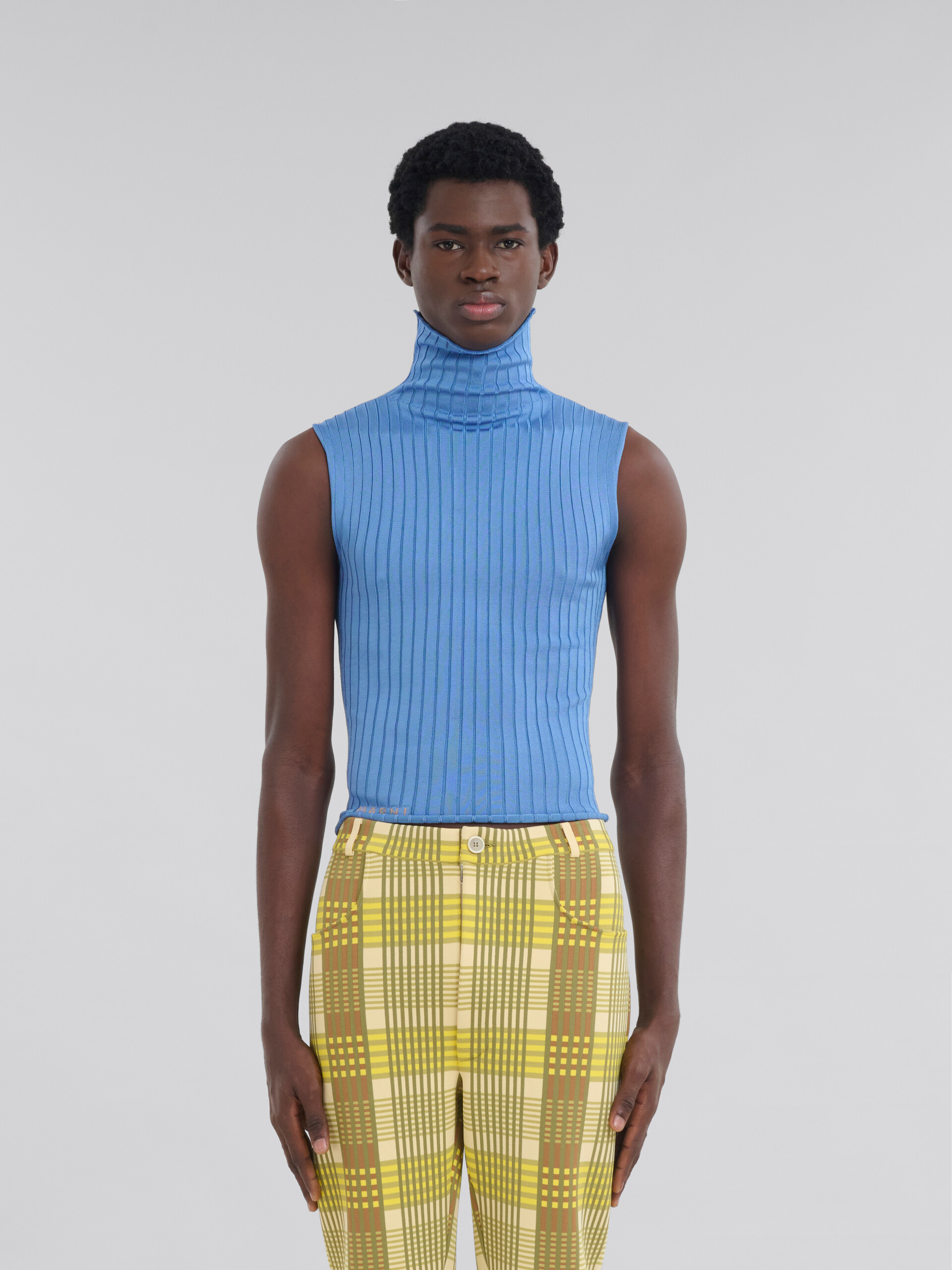 Blue ribbed viscose turtleneck vest | Marni