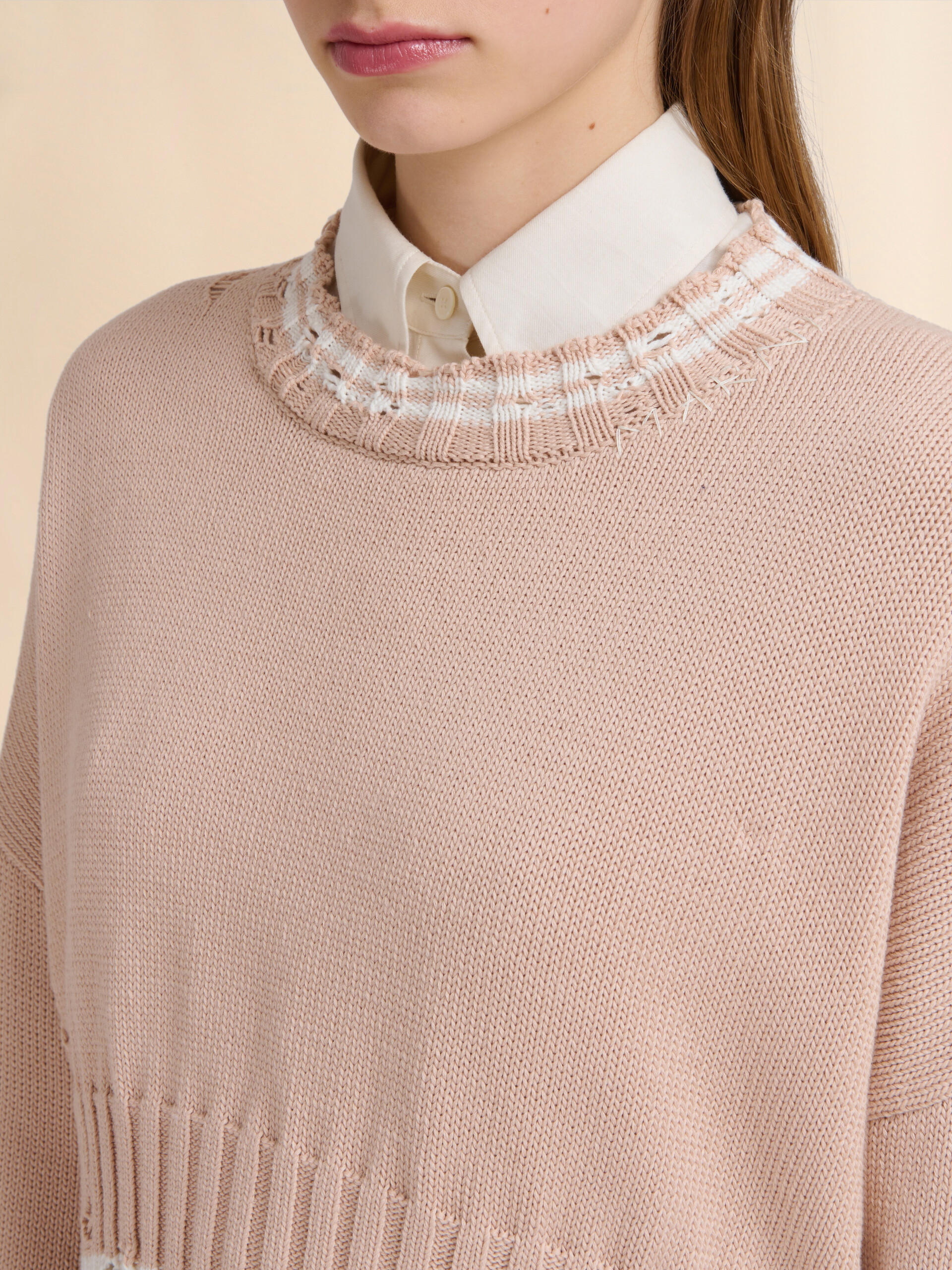 Beige dishevelled cotton jumper - Pullovers - Image 4