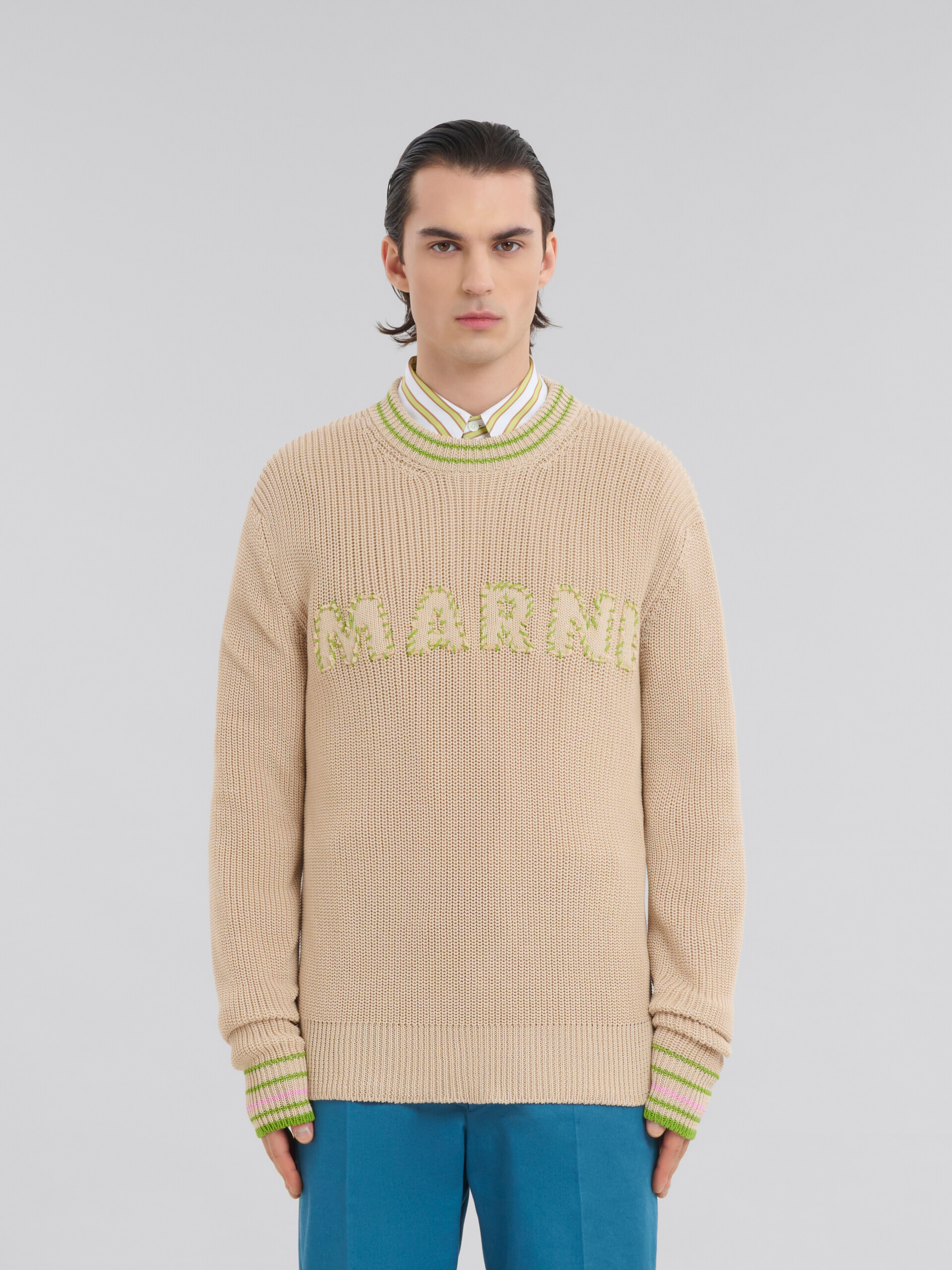 Maglia a coste in cotone blu con applicazione Marni - Pullover - Image 2