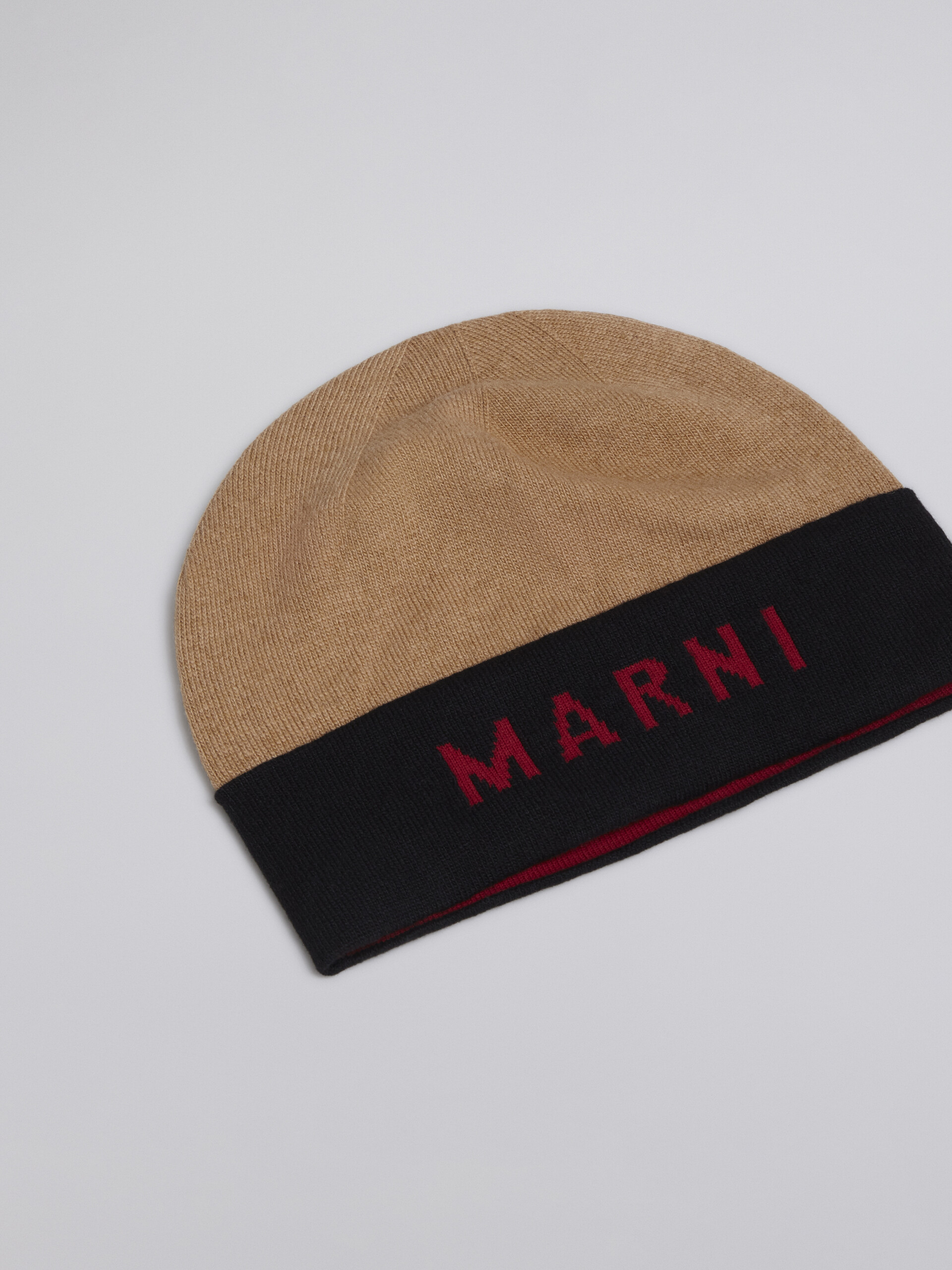Berretto in lana vergine con logo jacquard marrone chiaro - Cappelli - Image 2