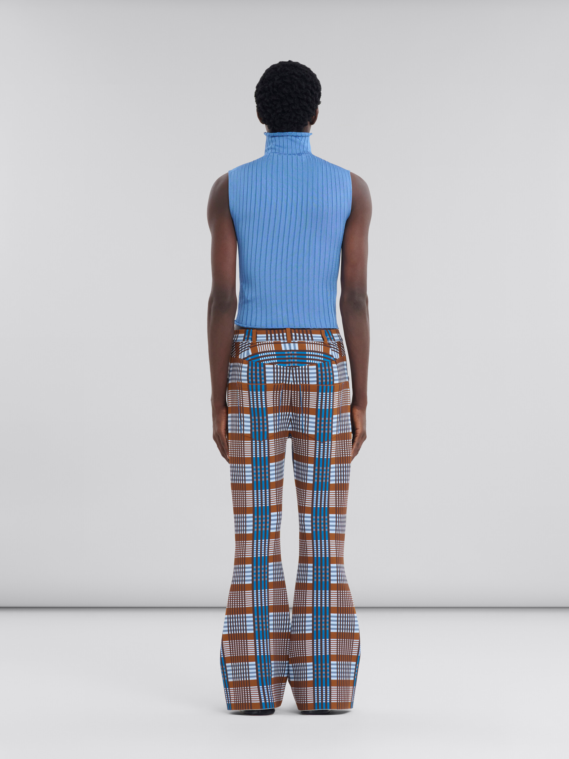 Blue and brown checked techno knit trousers - Pants - Image 3