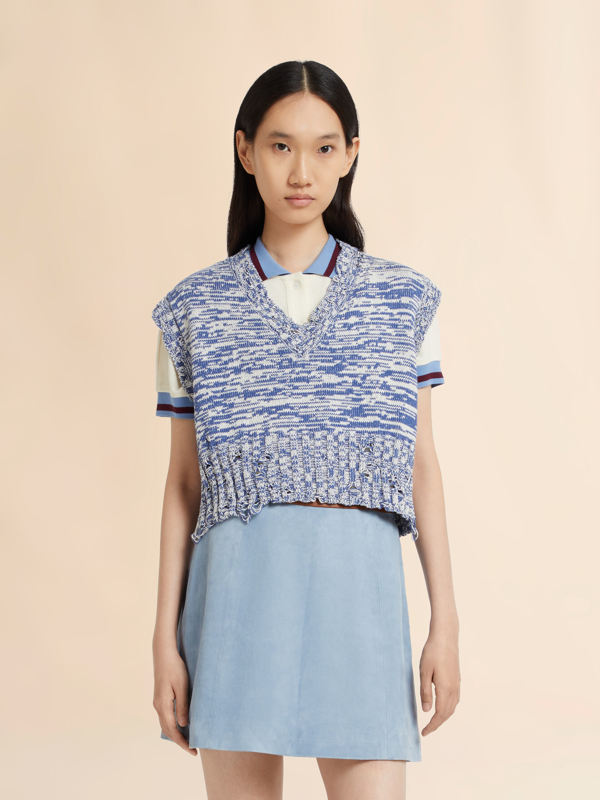 Blue dishevelled mouliné cotton vest - Pullovers - Image 2