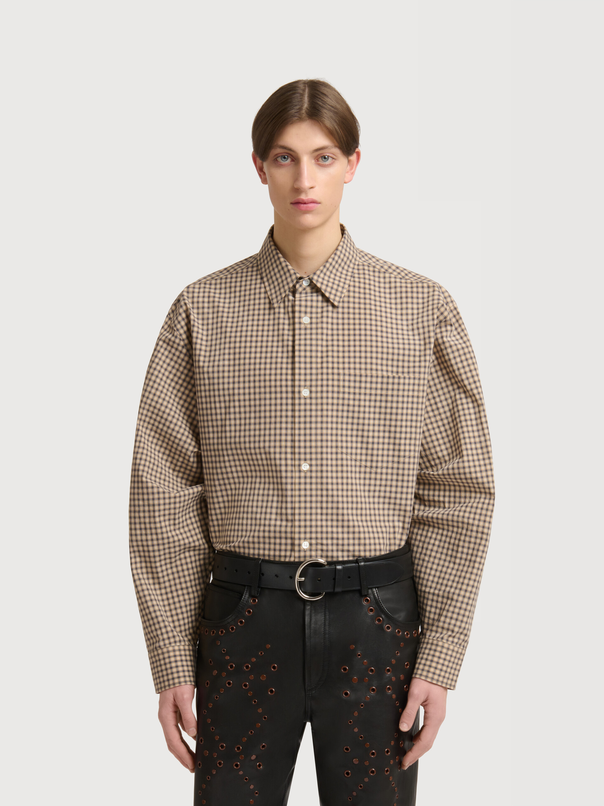 Beige shirt with micro-check - Shirts - Image 2