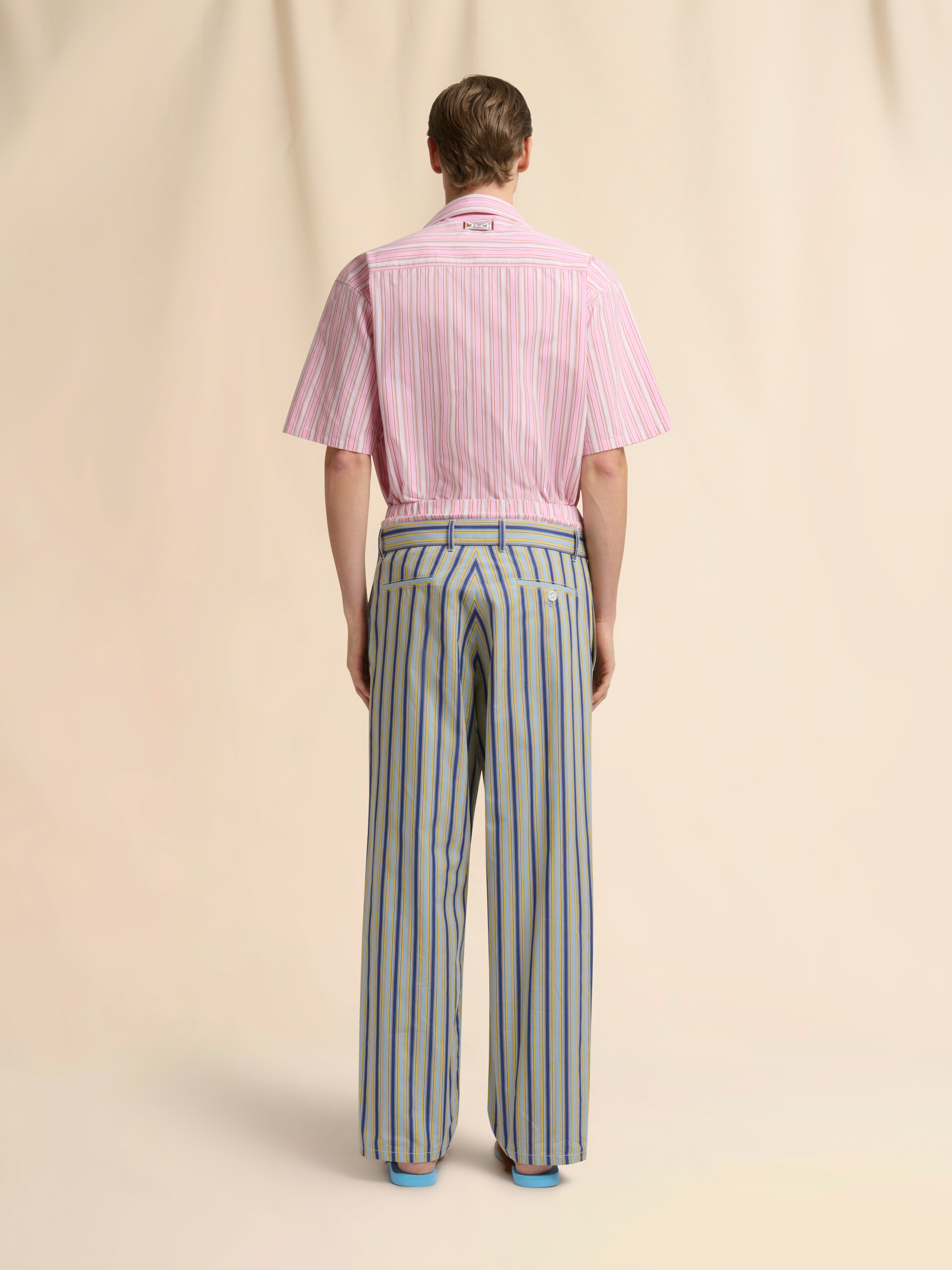 Green striped poplin trousers with trompe-l&rsquo;&oelig;il effect - Pants - Image 3