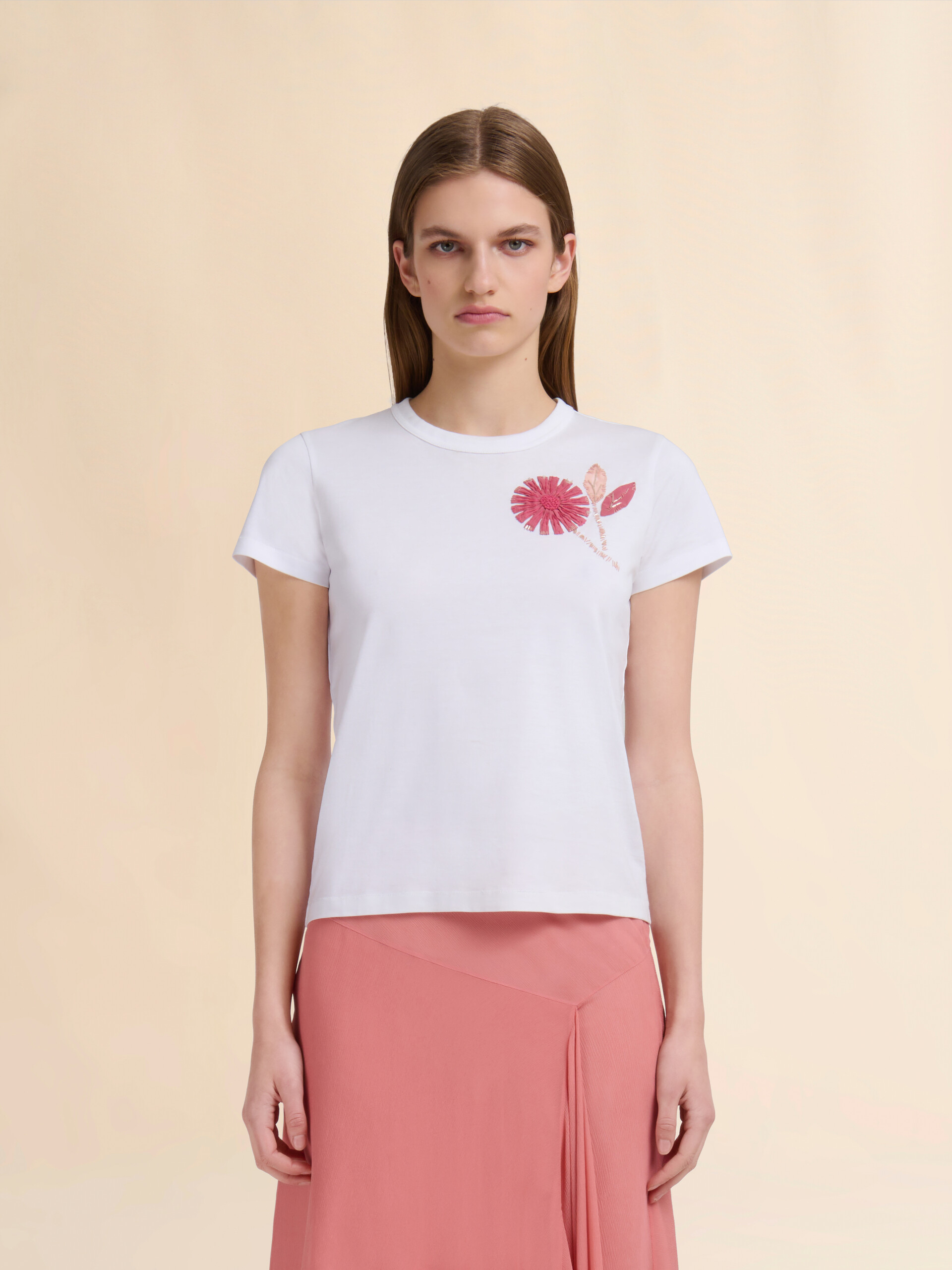 White organic cotton T-shirt with embroidered camellia - T-shirts - Image 2