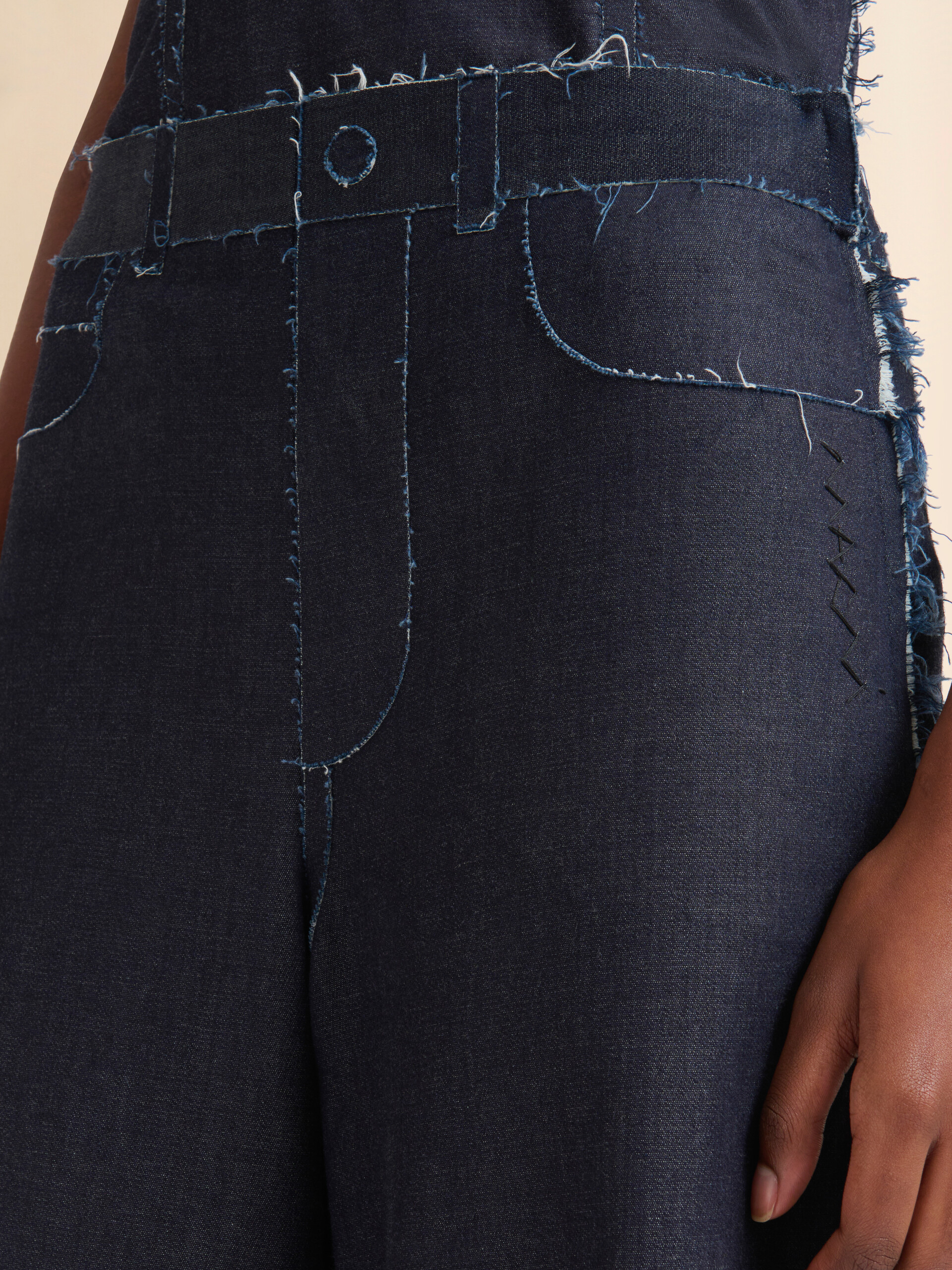 Deep blue stretch denim trompe l'oeil trousers - Pants - Image 4