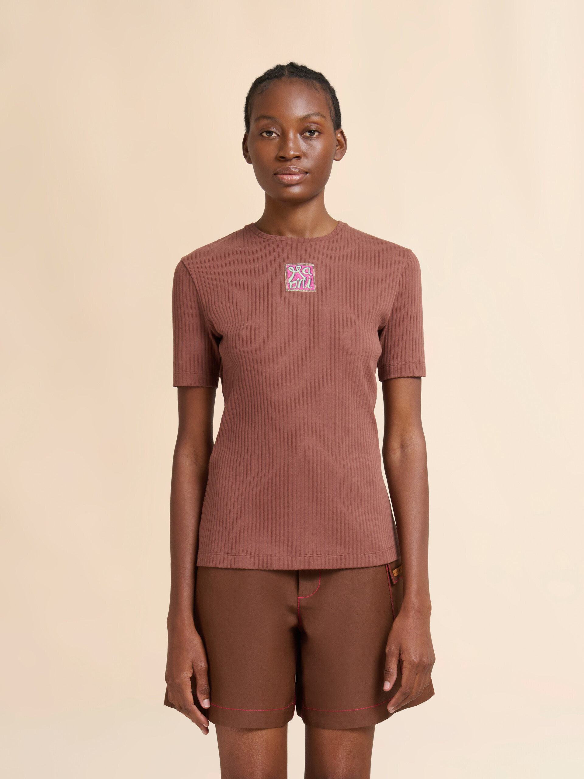 Brown ribbed cotton T-shirt with Marni Frame logo - T-shirts - Image 2