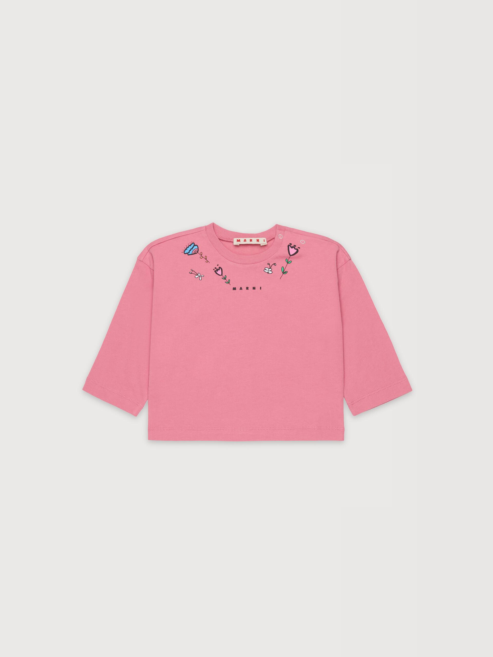 Pink long-sleeved cotton T-shirt with flower prints - T-shirts - Image 1