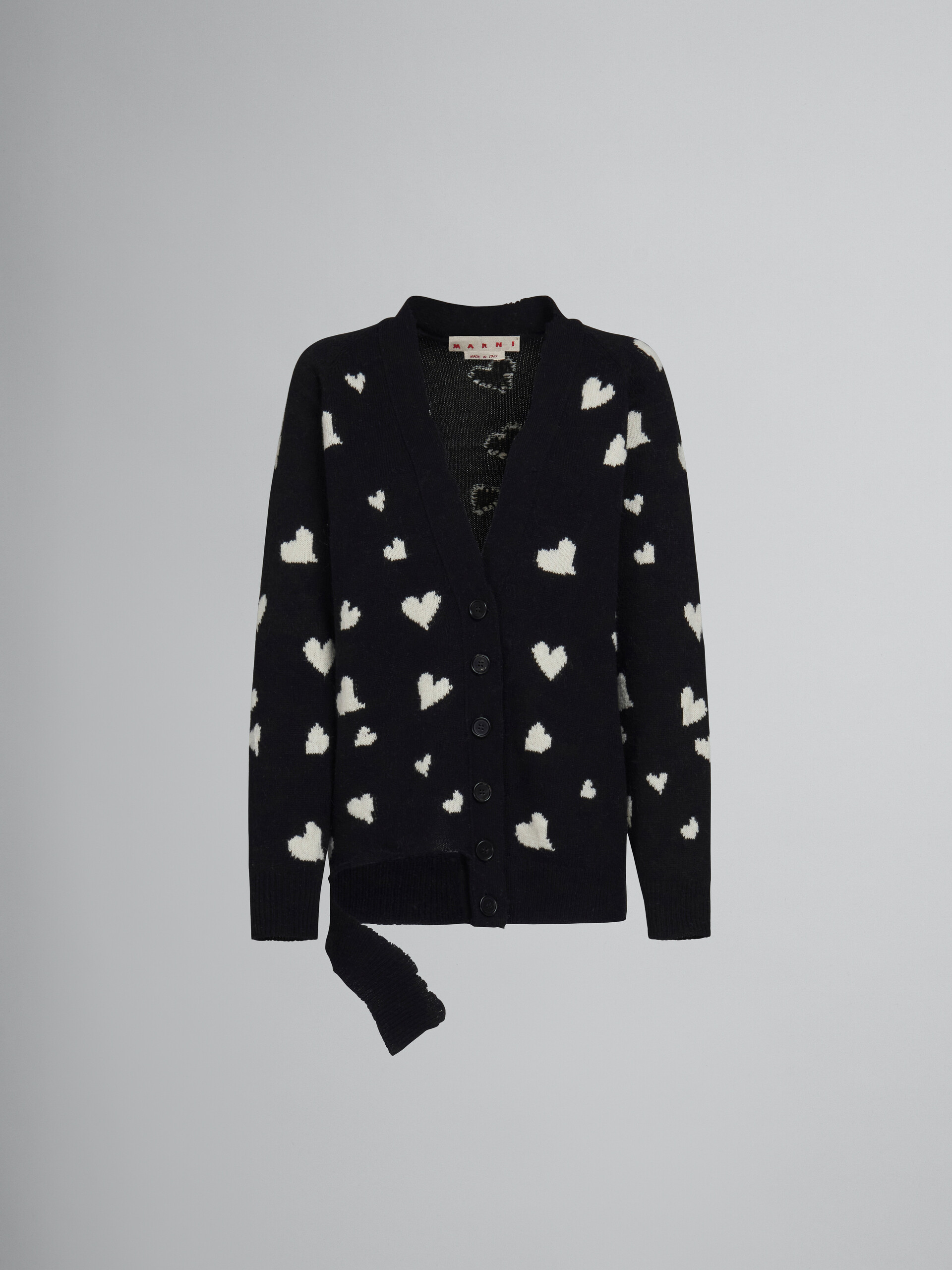 Black Wool Long Cardigan With Bunch Of Hearts Motif Marni