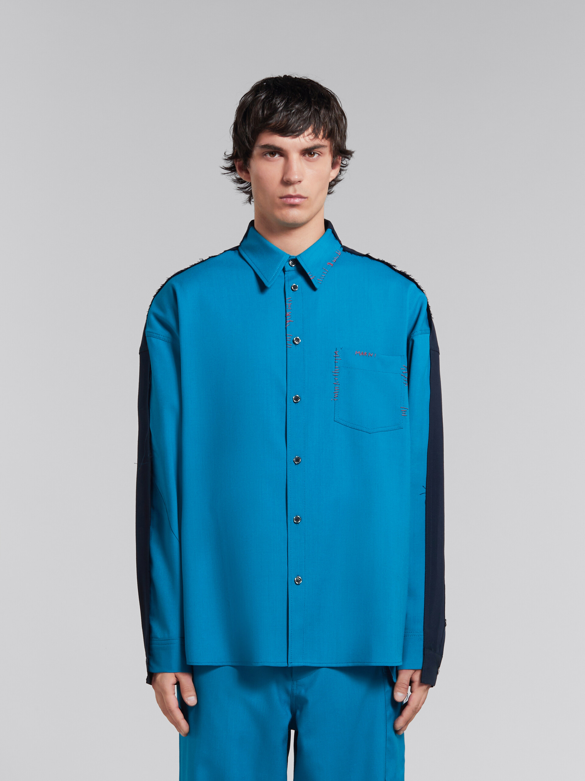 Blue tropical wool shirt with contrast back - Shirts - Image 2