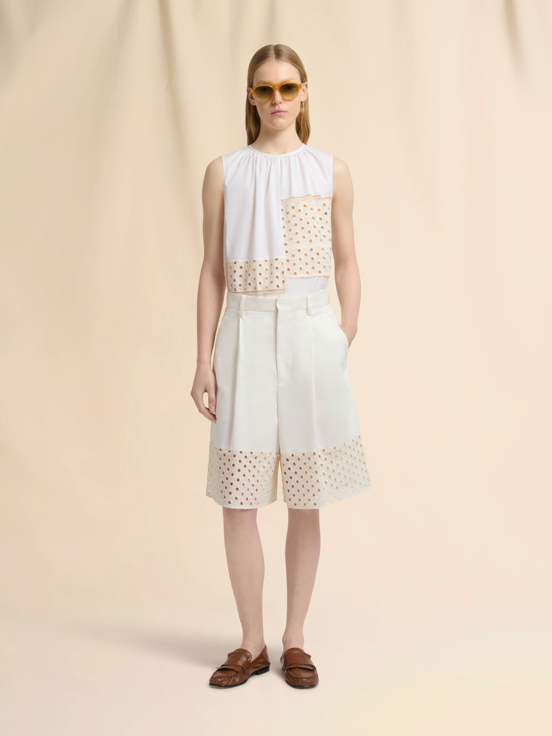 White gabardine shorts with broderie anglaise panels - Pants - Image 2