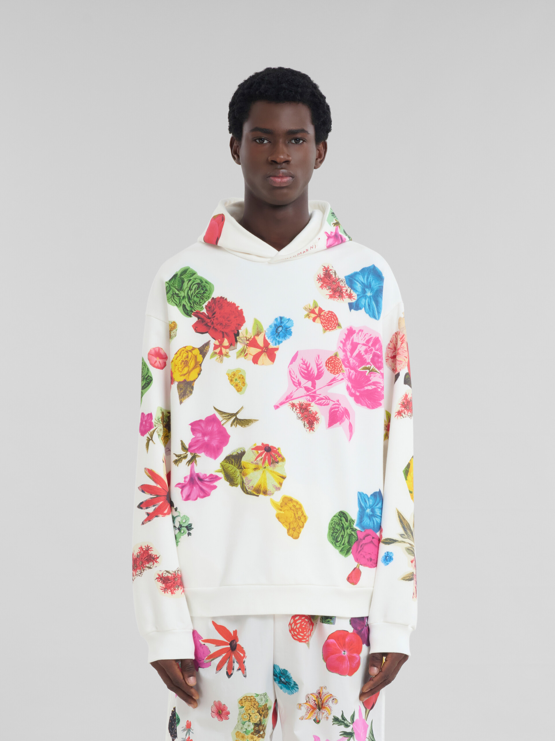 White cotton hoodie with flower prints - Sweaters - Image 2