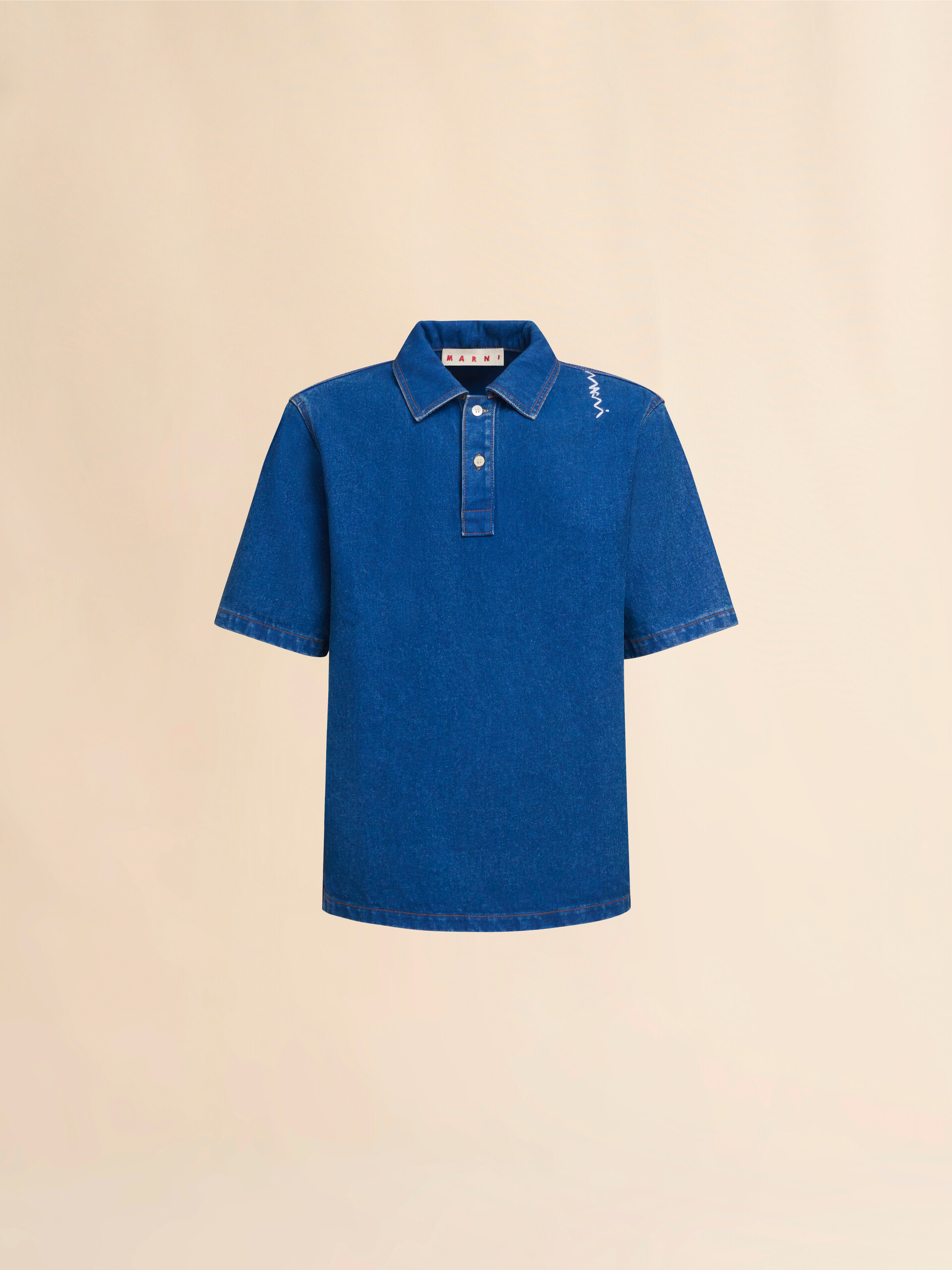 Blue oversize organic denim polo shirt with Marni Symbol - Shirts - Image 1