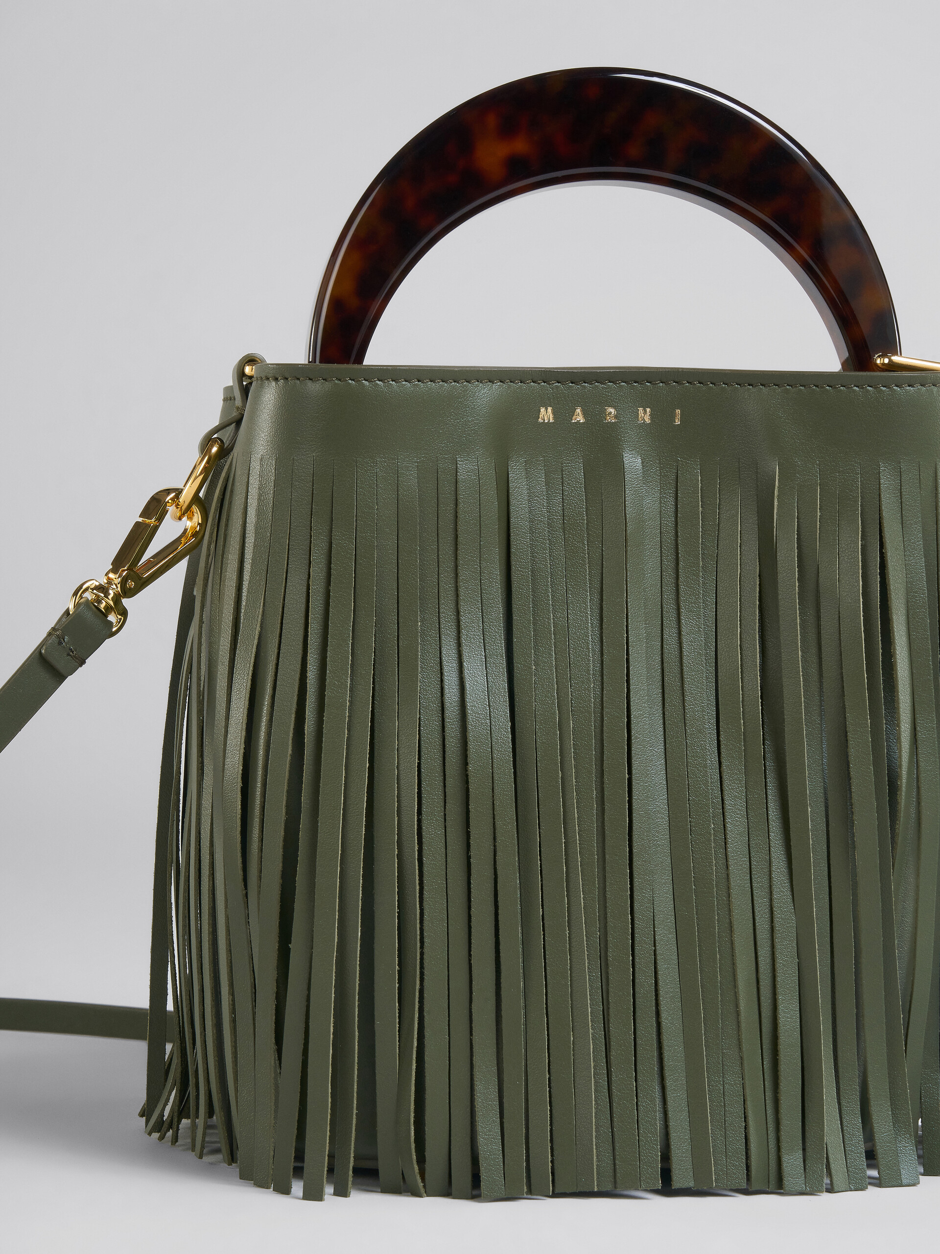 Venice Small Bucket in green leather with fringes - Shoulder Bags - Image 5