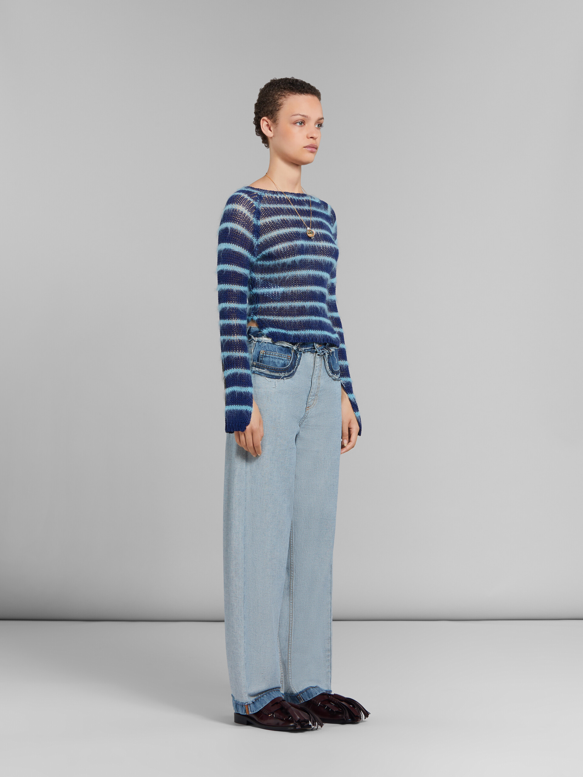 Blue boat-neck jumper with mohair stripes - Pullovers - Image 5