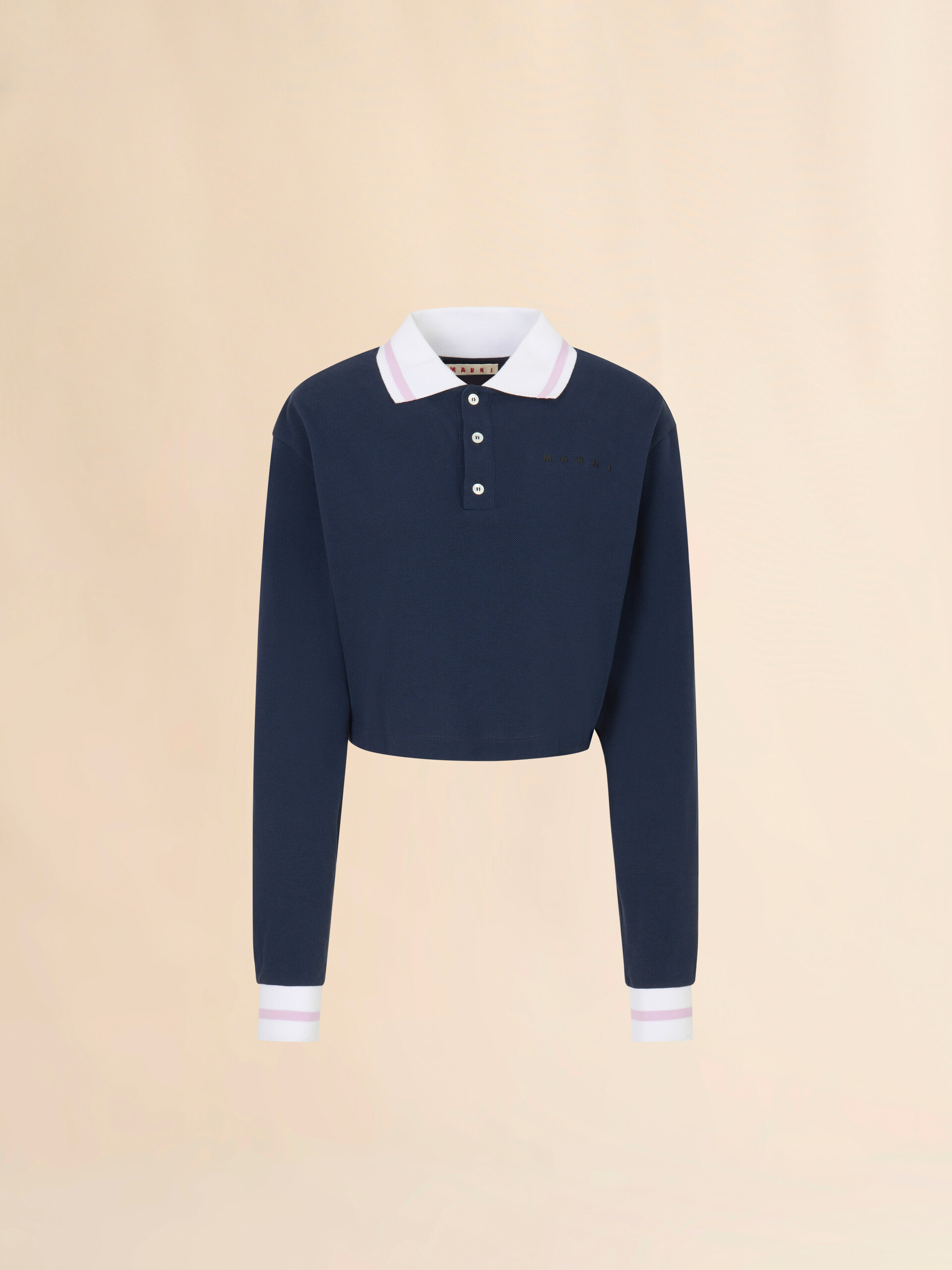 Deep blue piqué long-sleeved polo shirt - T-shirts - Image 1
